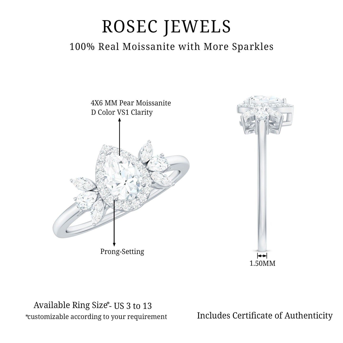 Pear Shaped Moissanite Halo Engagement Ring with Trio