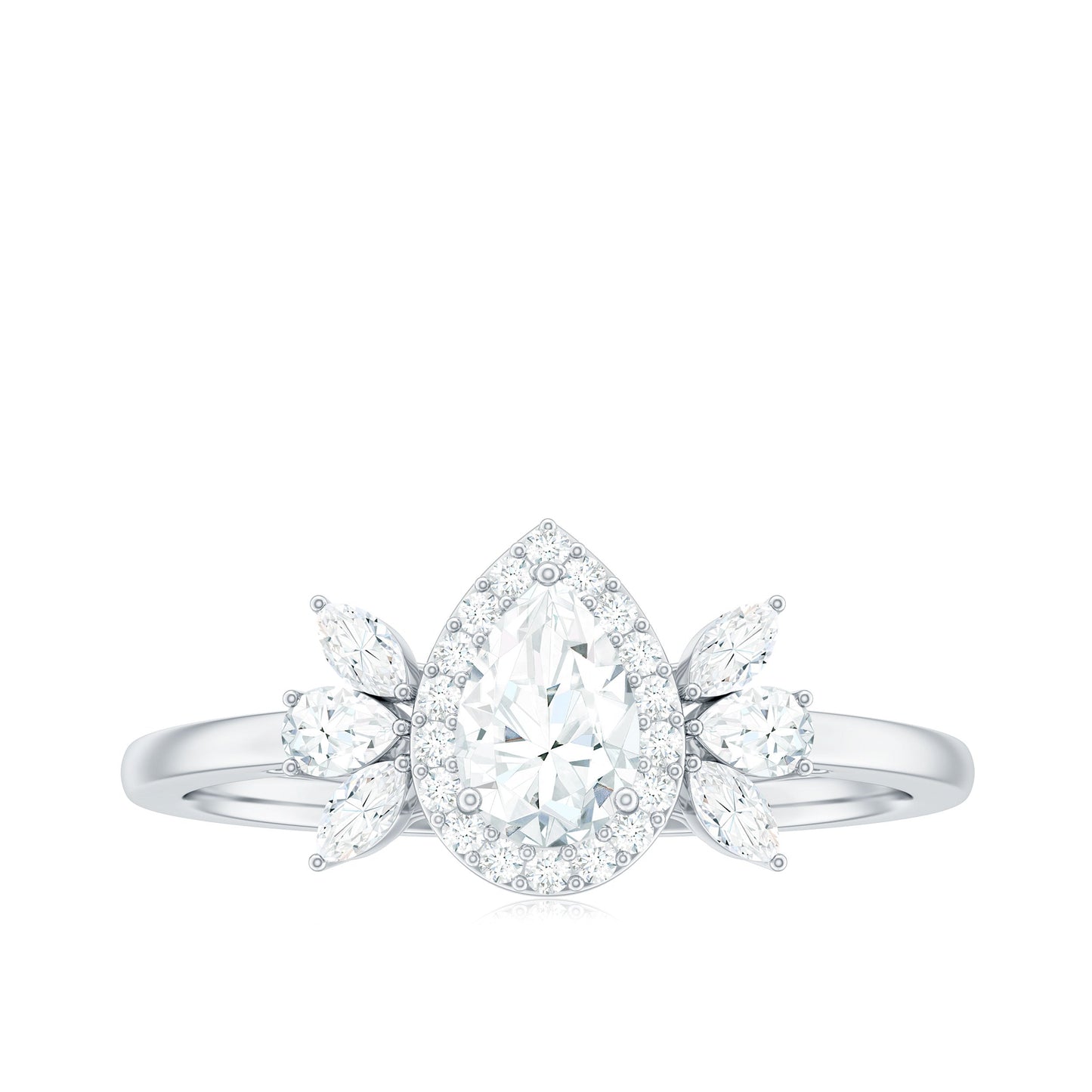 Pear Shaped Moissanite Halo Engagement Ring with Trio