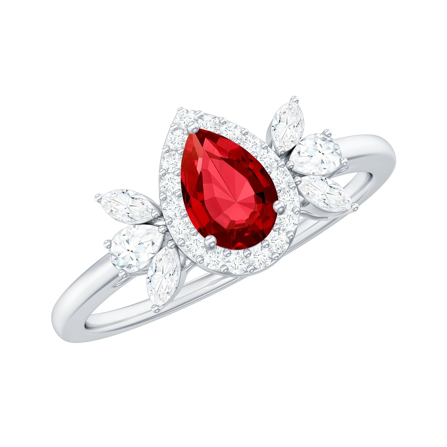Pear Shaped Lab Grown Ruby Engagement Ring with Diamond Halo