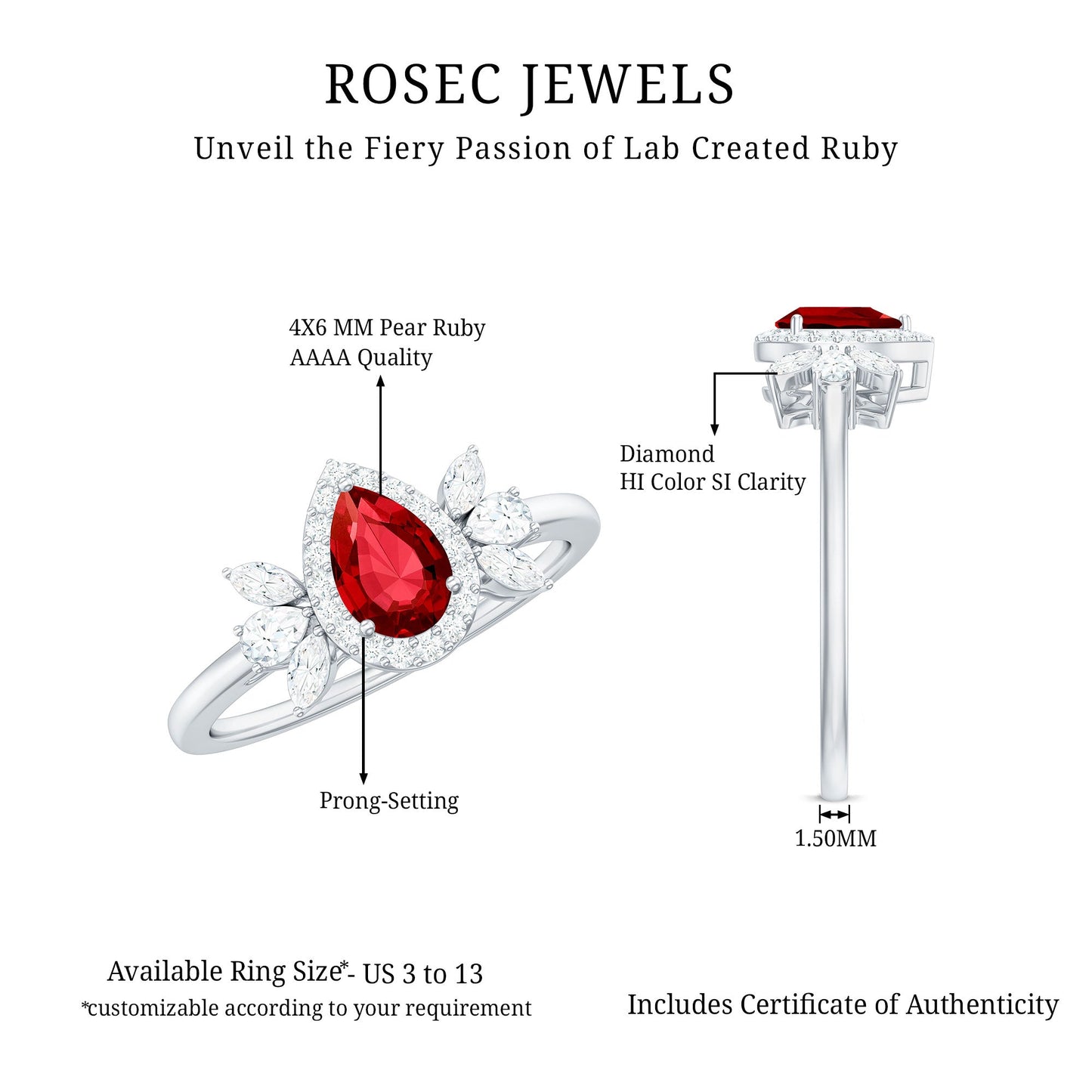Pear Shaped Lab Grown Ruby Engagement Ring with Diamond Halo