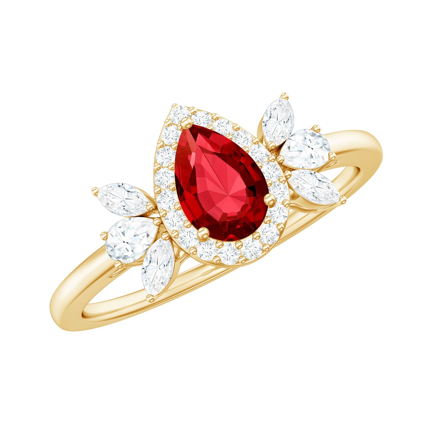 Pear Shaped Lab Grown Ruby Engagement Ring with Diamond Halo
