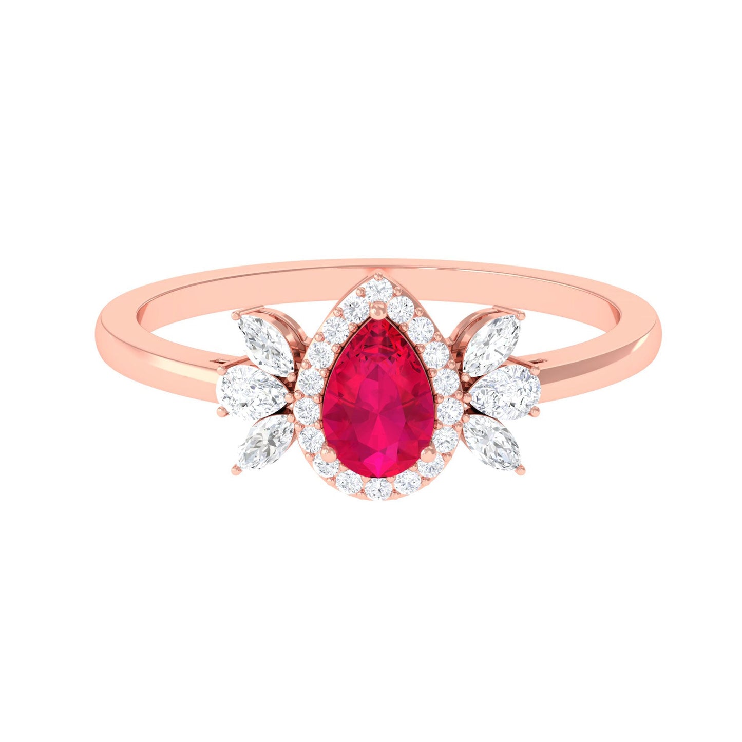 Natural 0.8 Carat Ruby Pear Shaped Engagement Ring with Diamond Halo