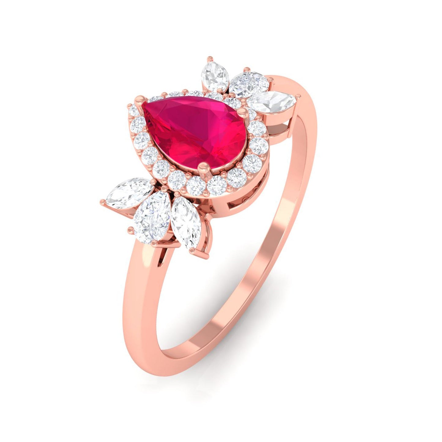 Natural 0.8 Carat Ruby Pear Shaped Engagement Ring with Diamond Halo