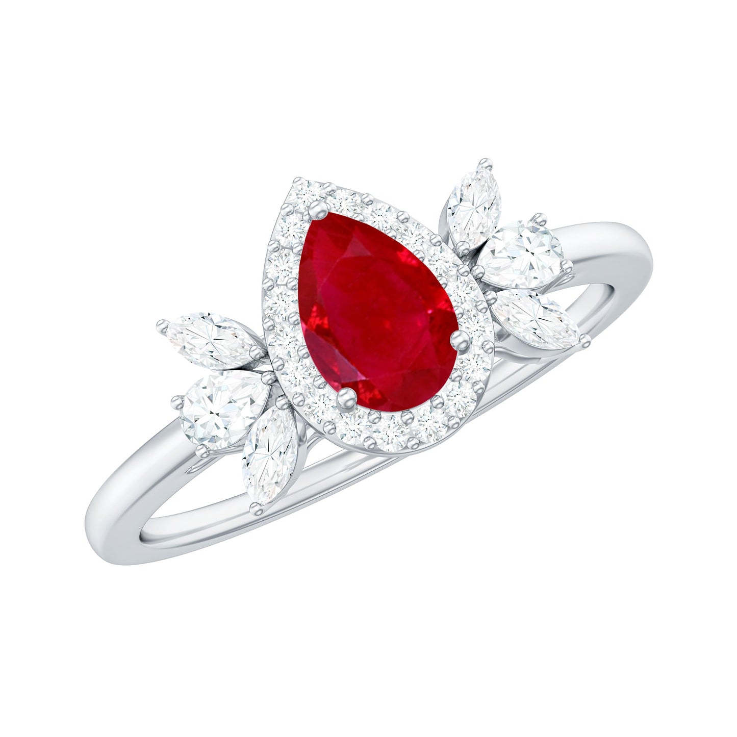 Natural 0.8 Carat Ruby Pear Shaped Engagement Ring with Diamond Halo