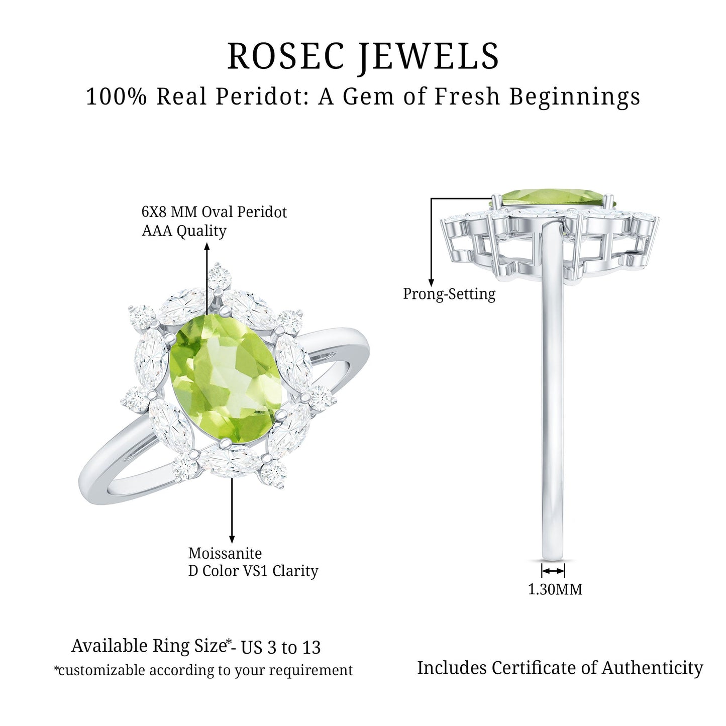 Natural 1 Carat Peridot Oval Engagement Ring with Moissanite