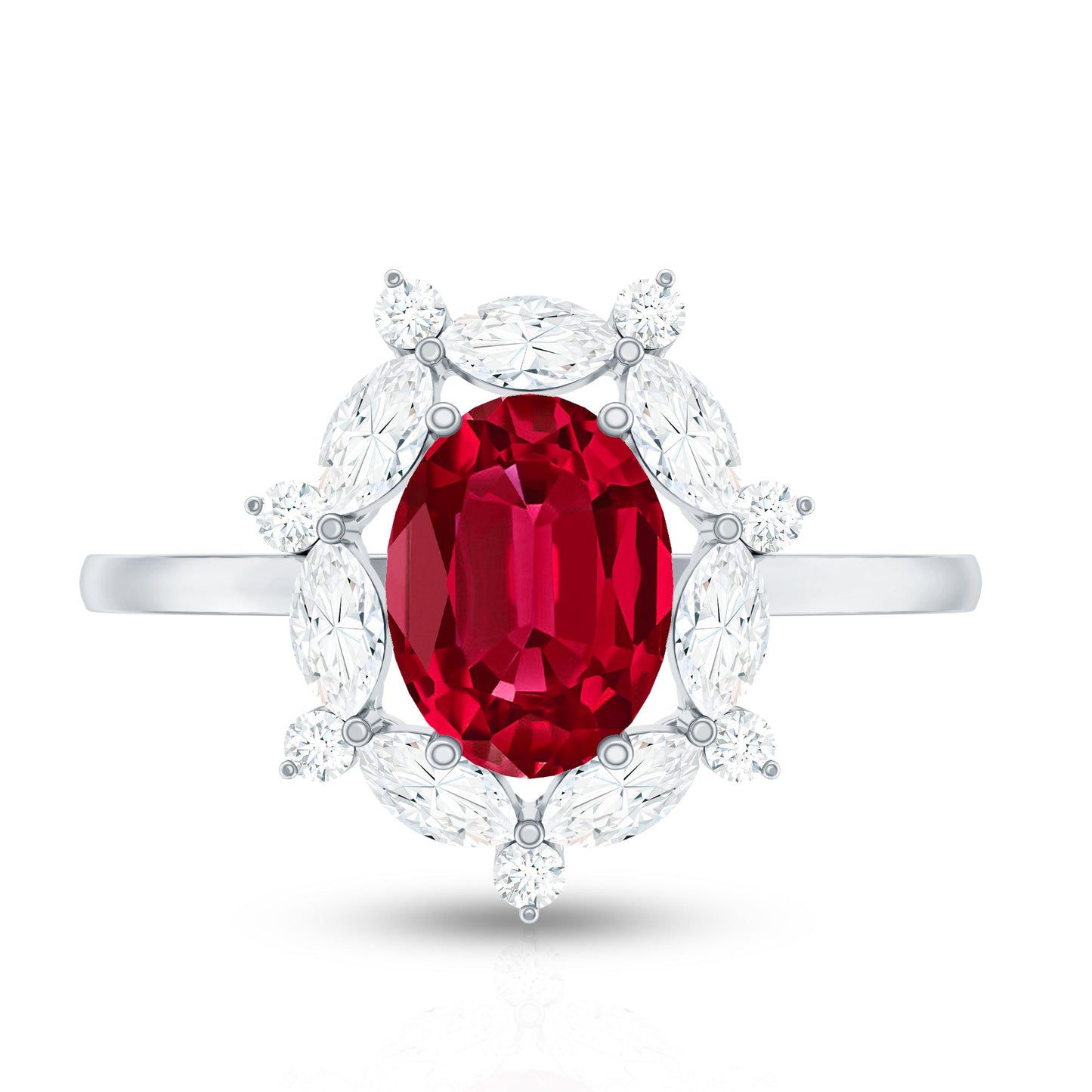 1.5 Carat Oval Shaped Lab Created Ruby Statement Engagement Ring with Diamond