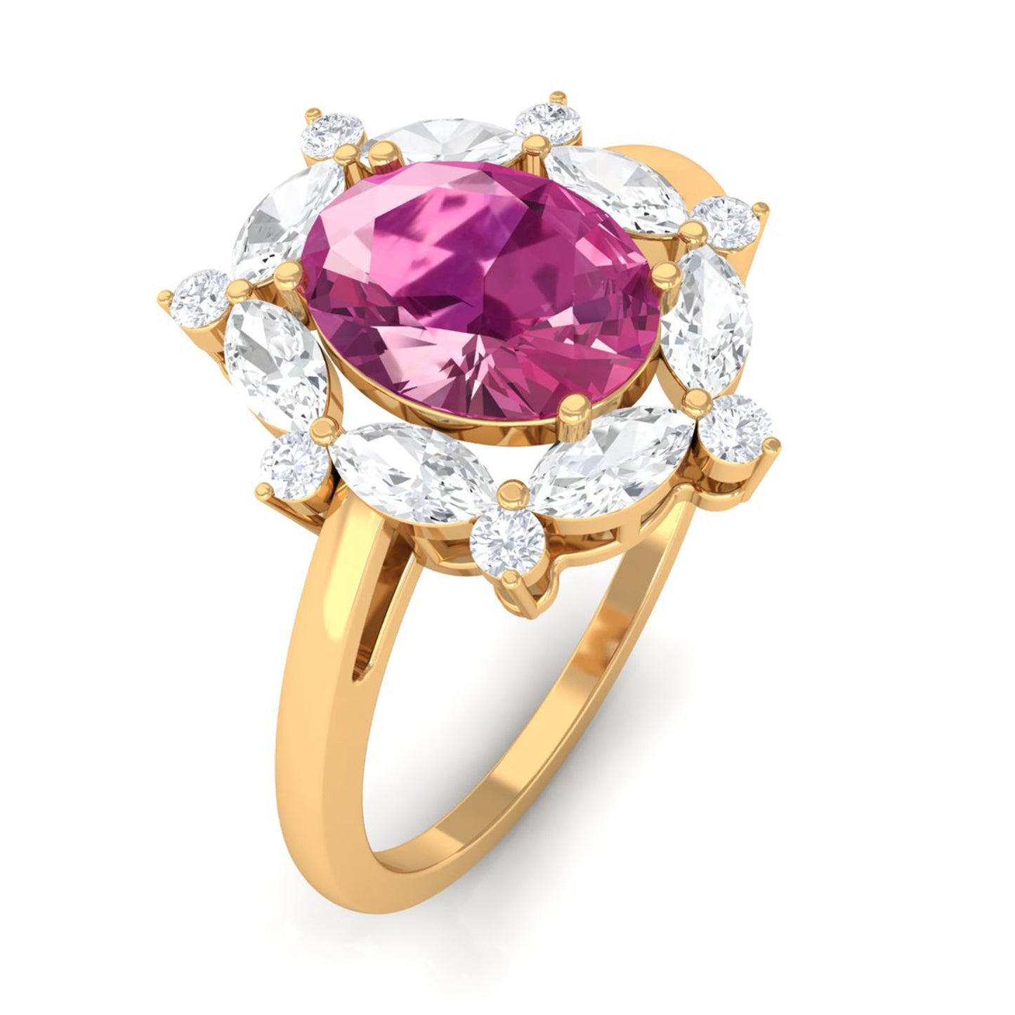 Oval Pink Tourmaline Designer Engagement Ring with Moissanite Halo