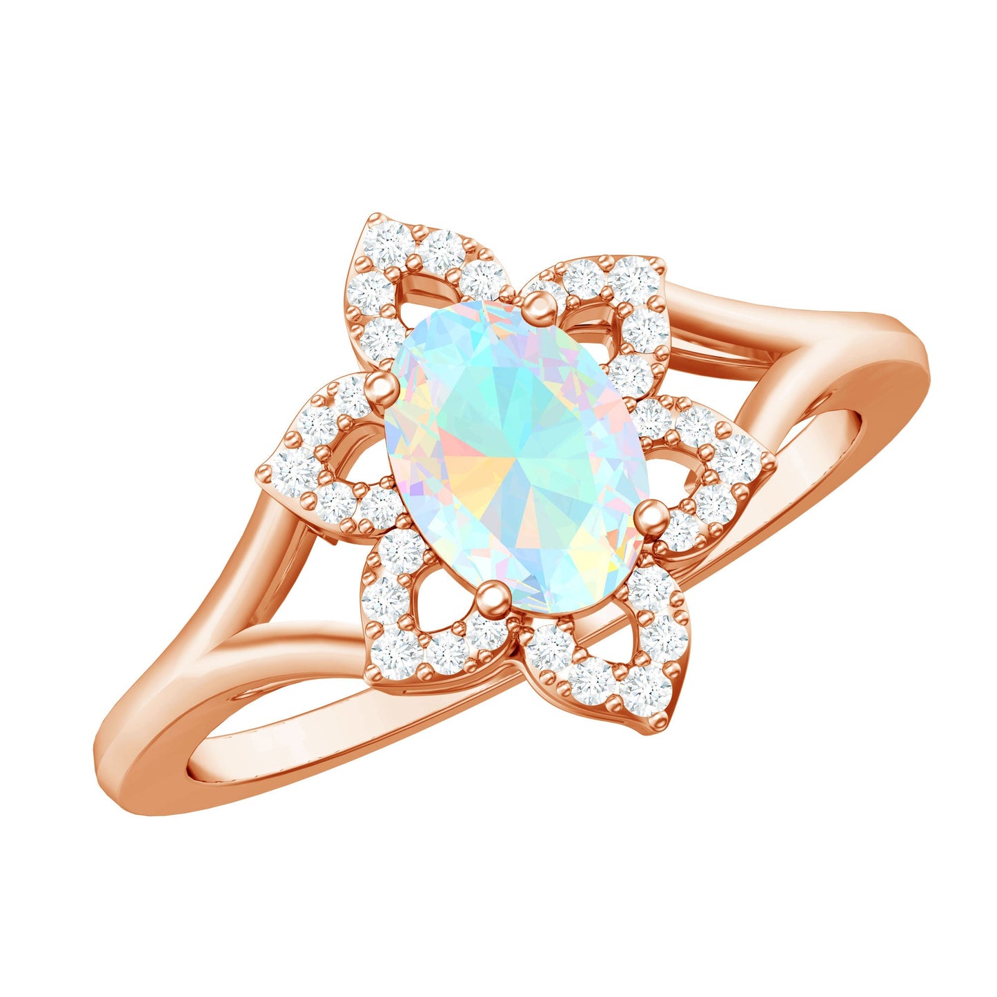 Real Oval Ethiopian Opal Diamond Flower Engagement Ring with Split Shank