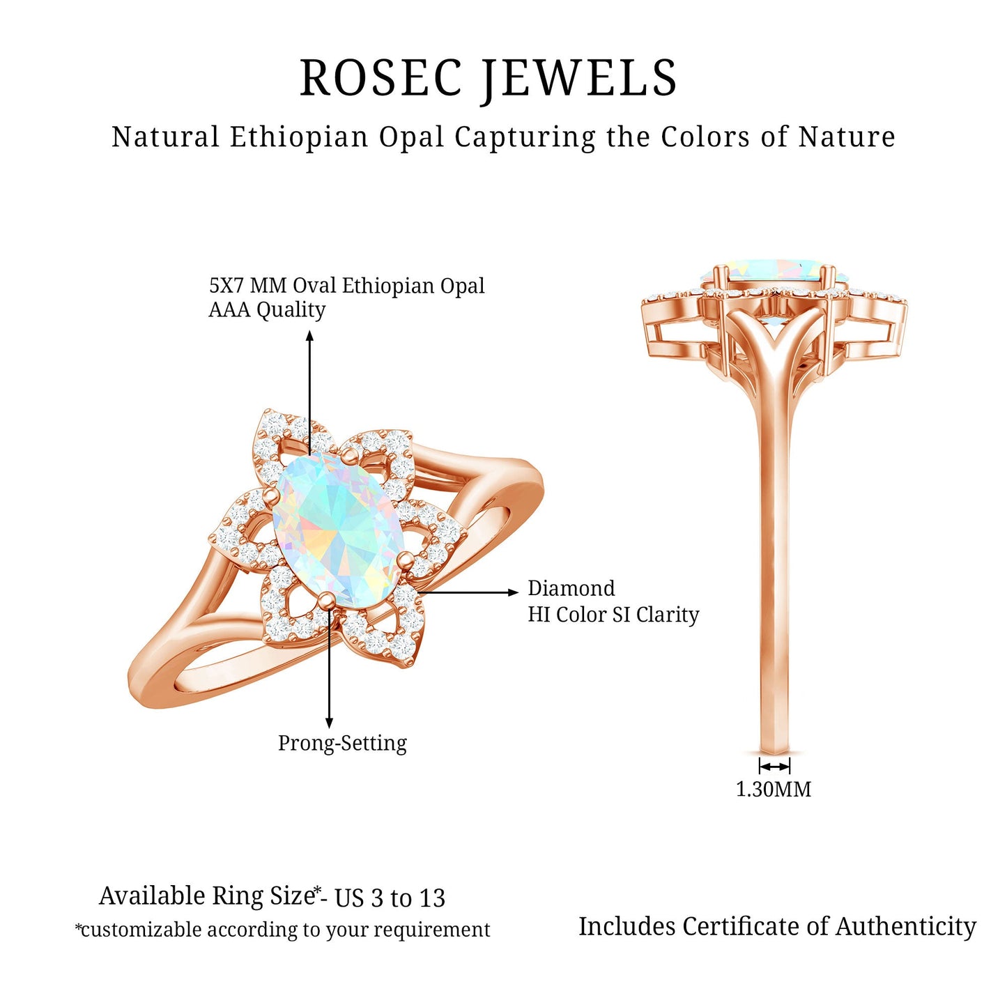 Real Oval Ethiopian Opal Diamond Flower Engagement Ring with Split Shank