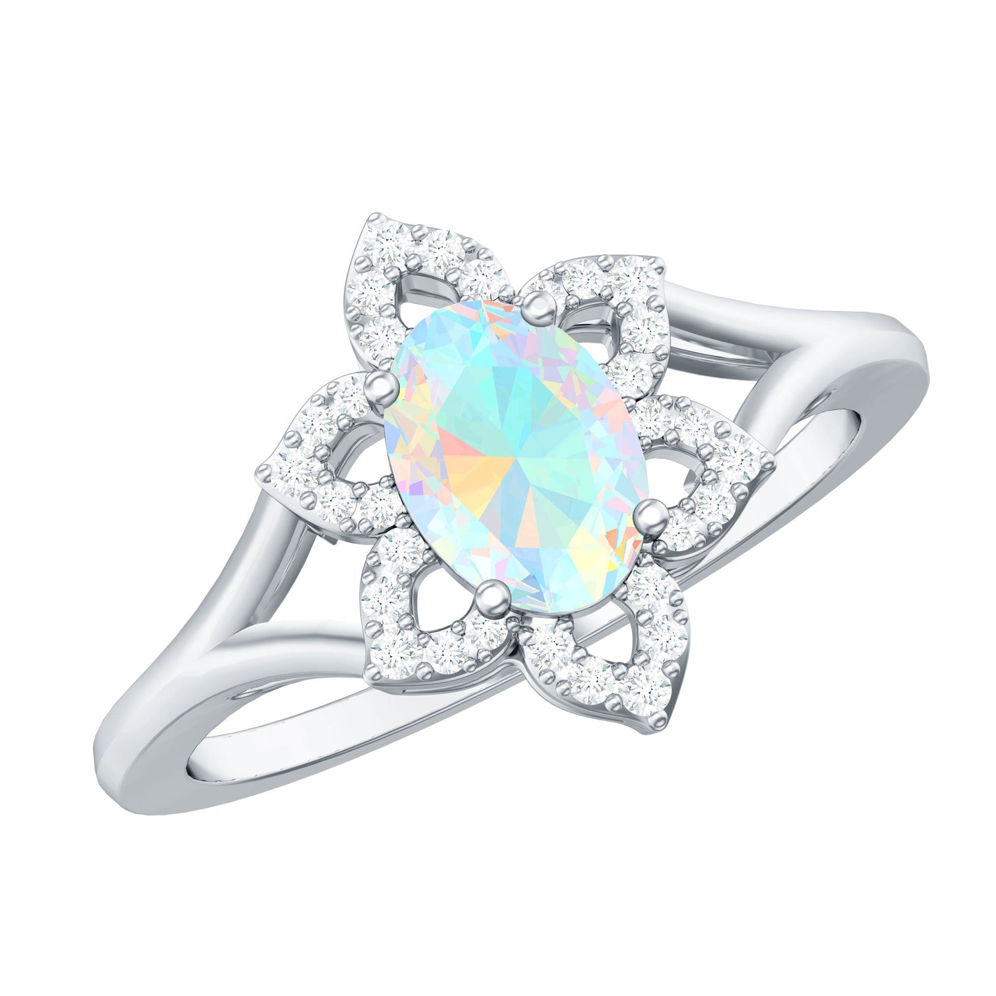 Real Oval Ethiopian Opal Diamond Flower Engagement Ring with Split Shank