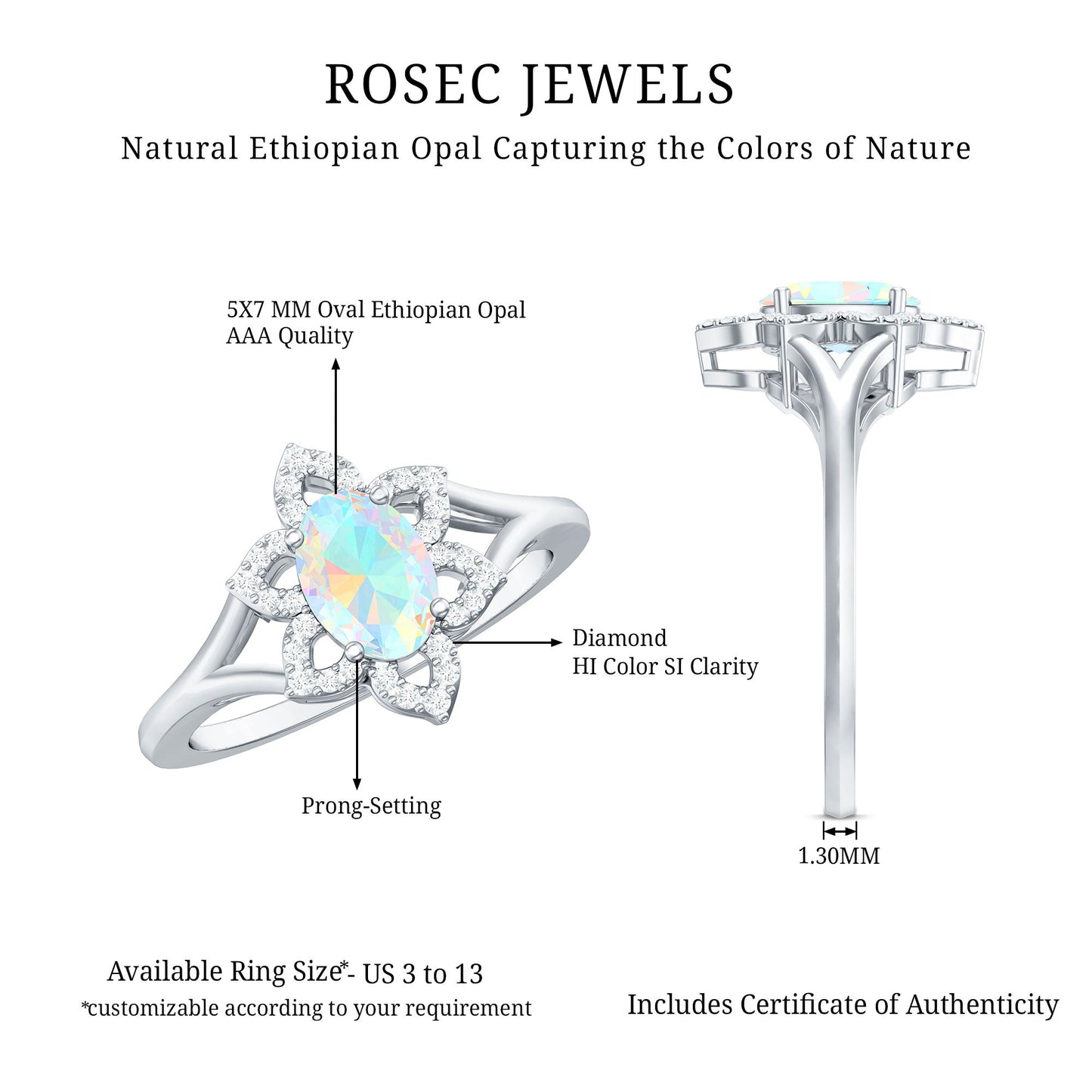 Real Oval Ethiopian Opal Diamond Flower Engagement Ring with Split Shank