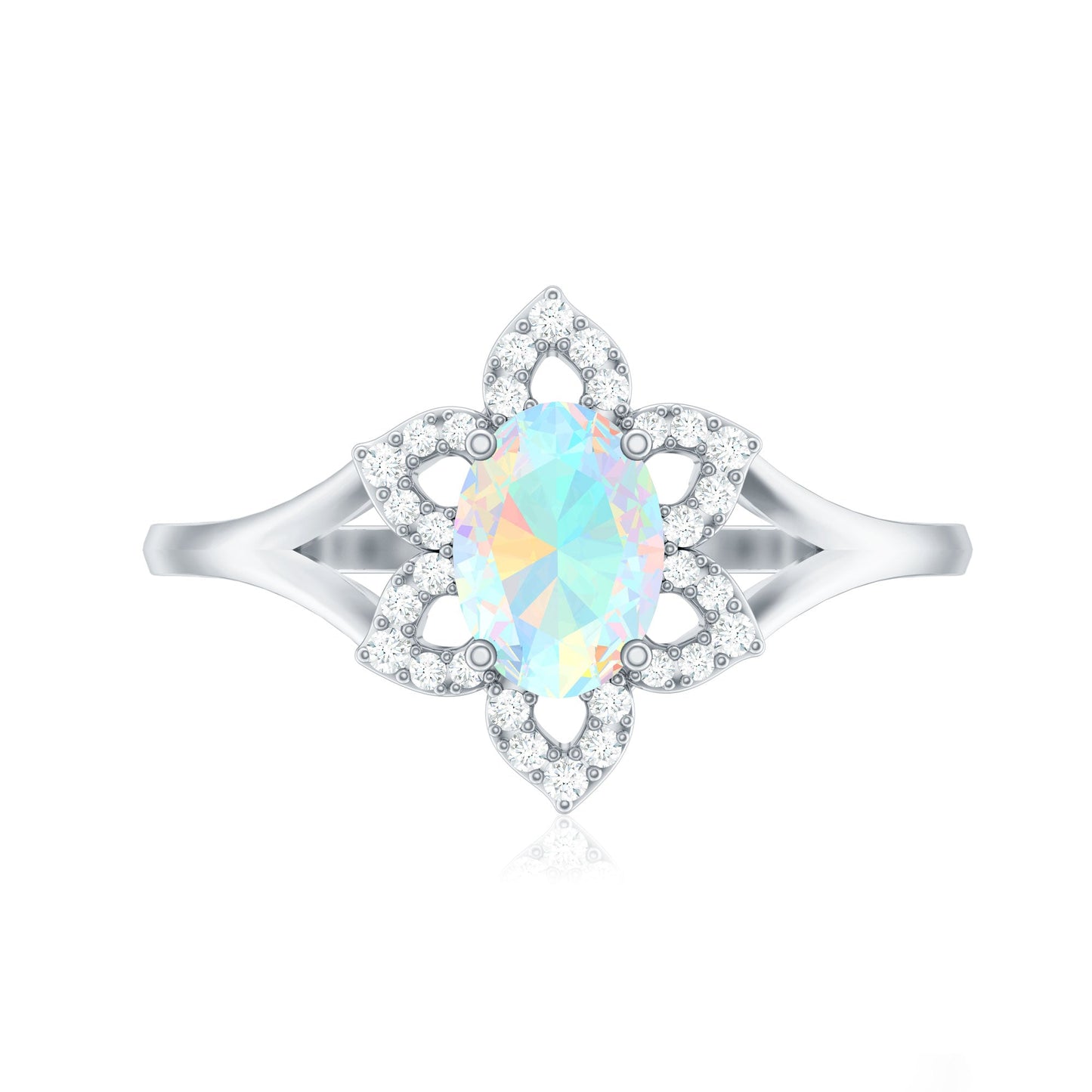 Real Oval Ethiopian Opal Diamond Flower Engagement Ring with Split Shank
