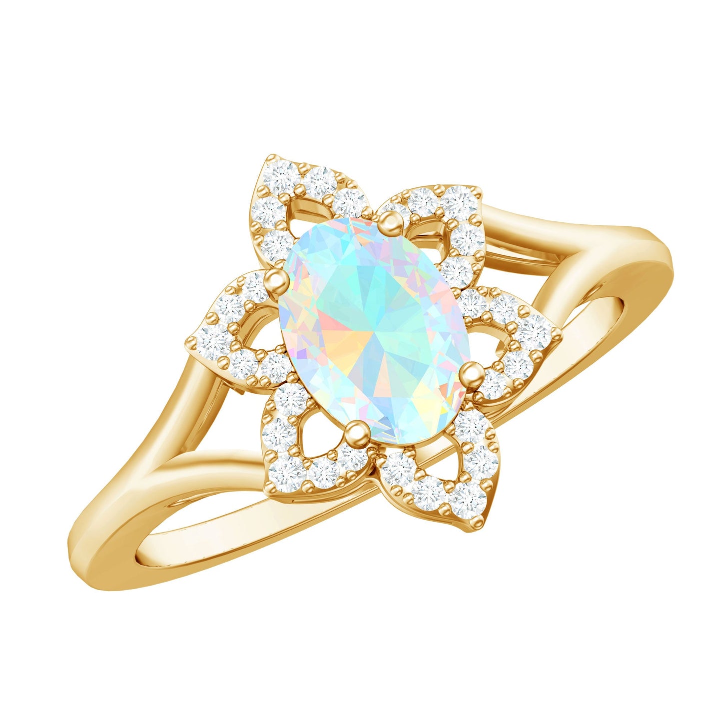 Real Oval Ethiopian Opal Diamond Flower Engagement Ring with Split Shank