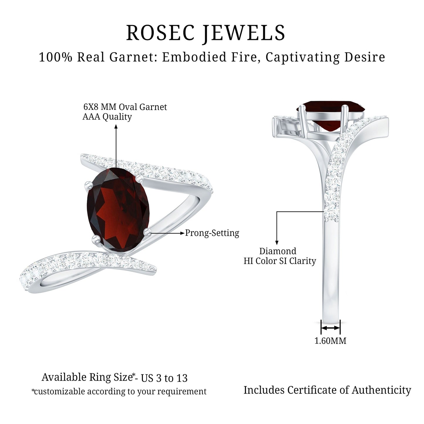 Natural 1.5 Carat Garnet Oval Engagement Ring with Diamond