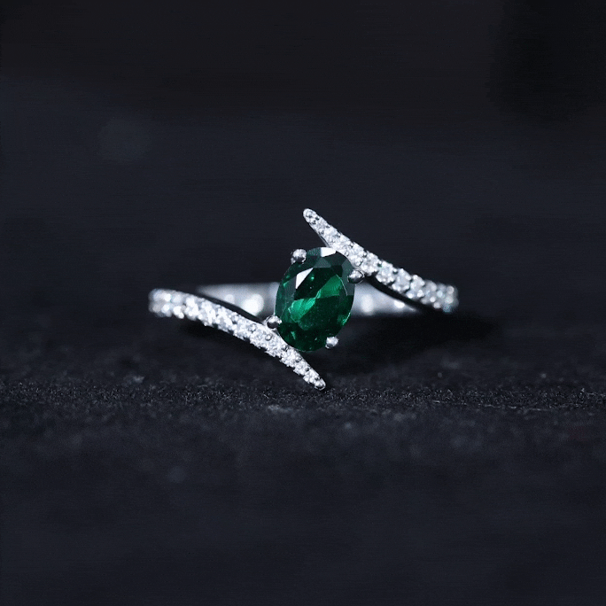 Certified 0.8 Carat Oval Cut Lab Grown Emerald Engagement Ring with Diamond Bypass Shank