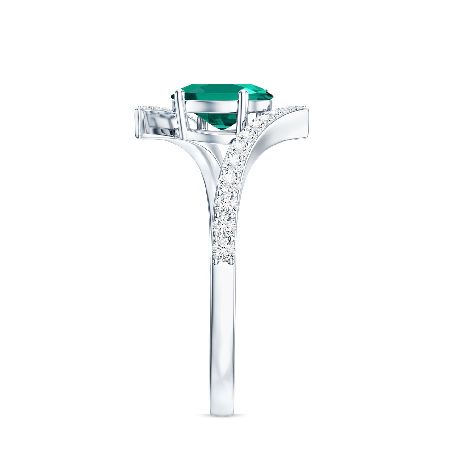 Certified 0.8 Carat Oval Cut Lab Grown Emerald Engagement Ring with Diamond Bypass Shank