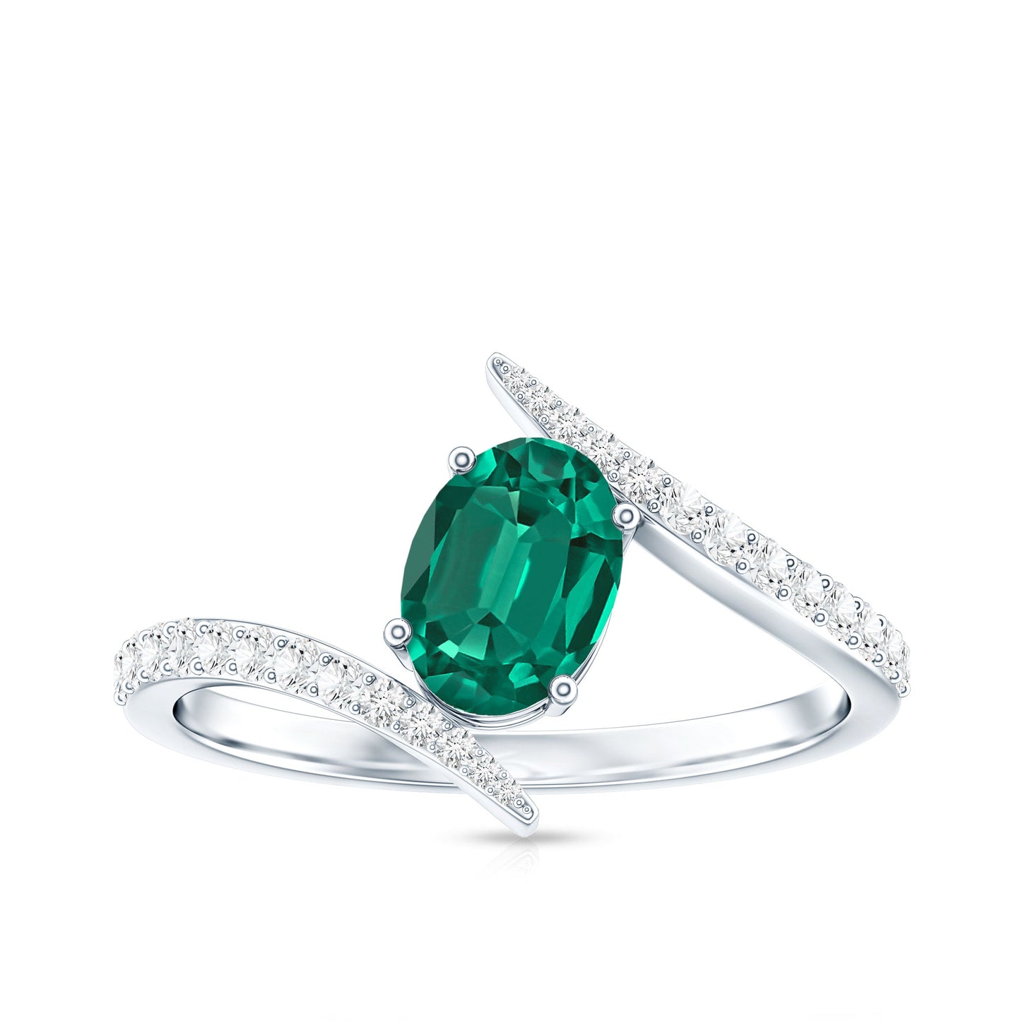 Certified 0.8 Carat Oval Cut Lab Grown Emerald Engagement Ring with Diamond Bypass Shank