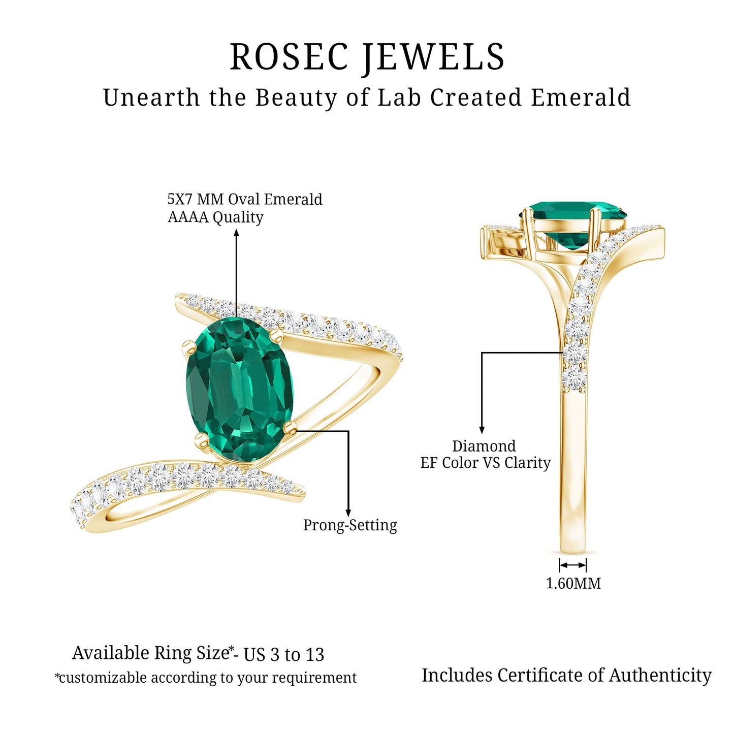 Certified 0.8 Carat Oval Cut Lab Grown Emerald Engagement Ring with Diamond Bypass Shank