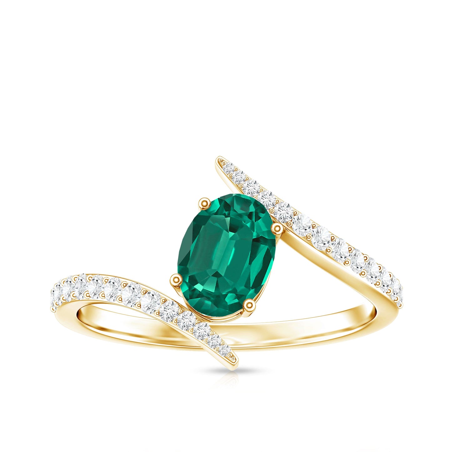 Certified 0.8 Carat Oval Cut Lab Grown Emerald Engagement Ring with Diamond Bypass Shank