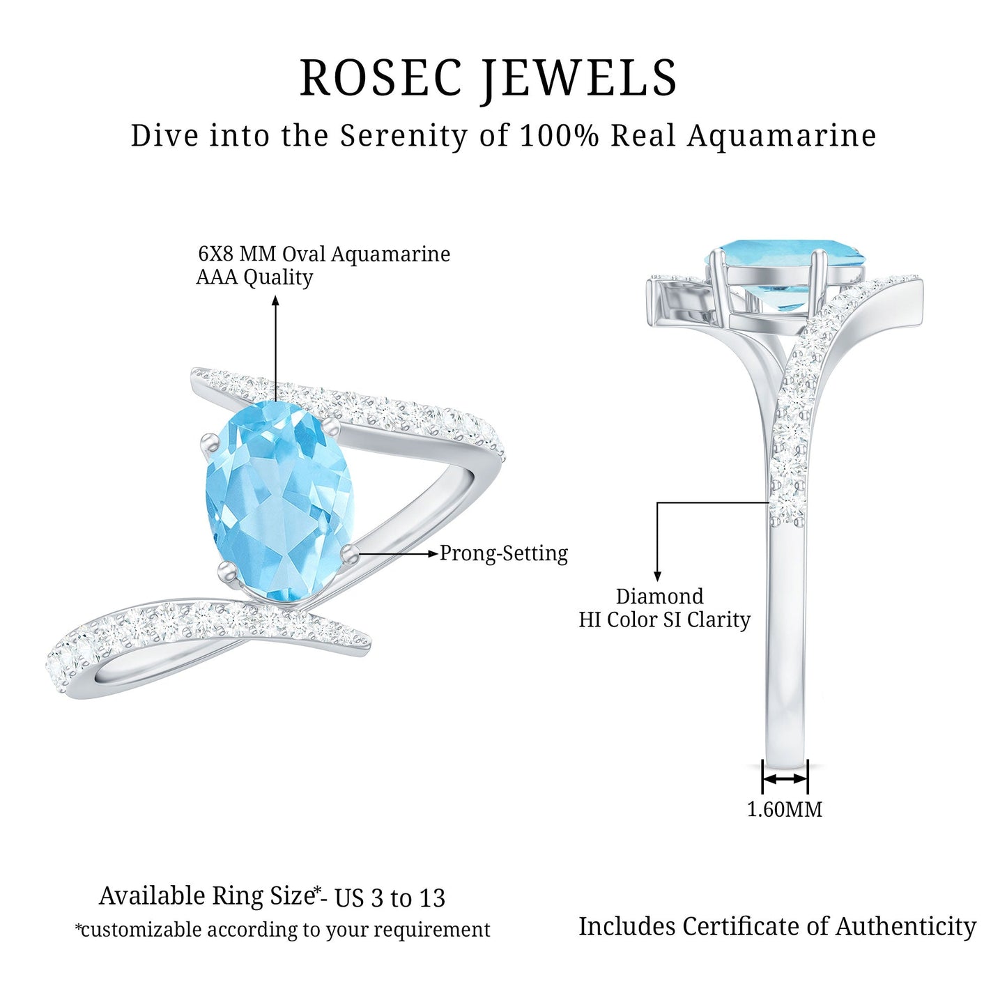 Natural Aquamarine Oval Engagement Ring with Diamond Bypass Shank