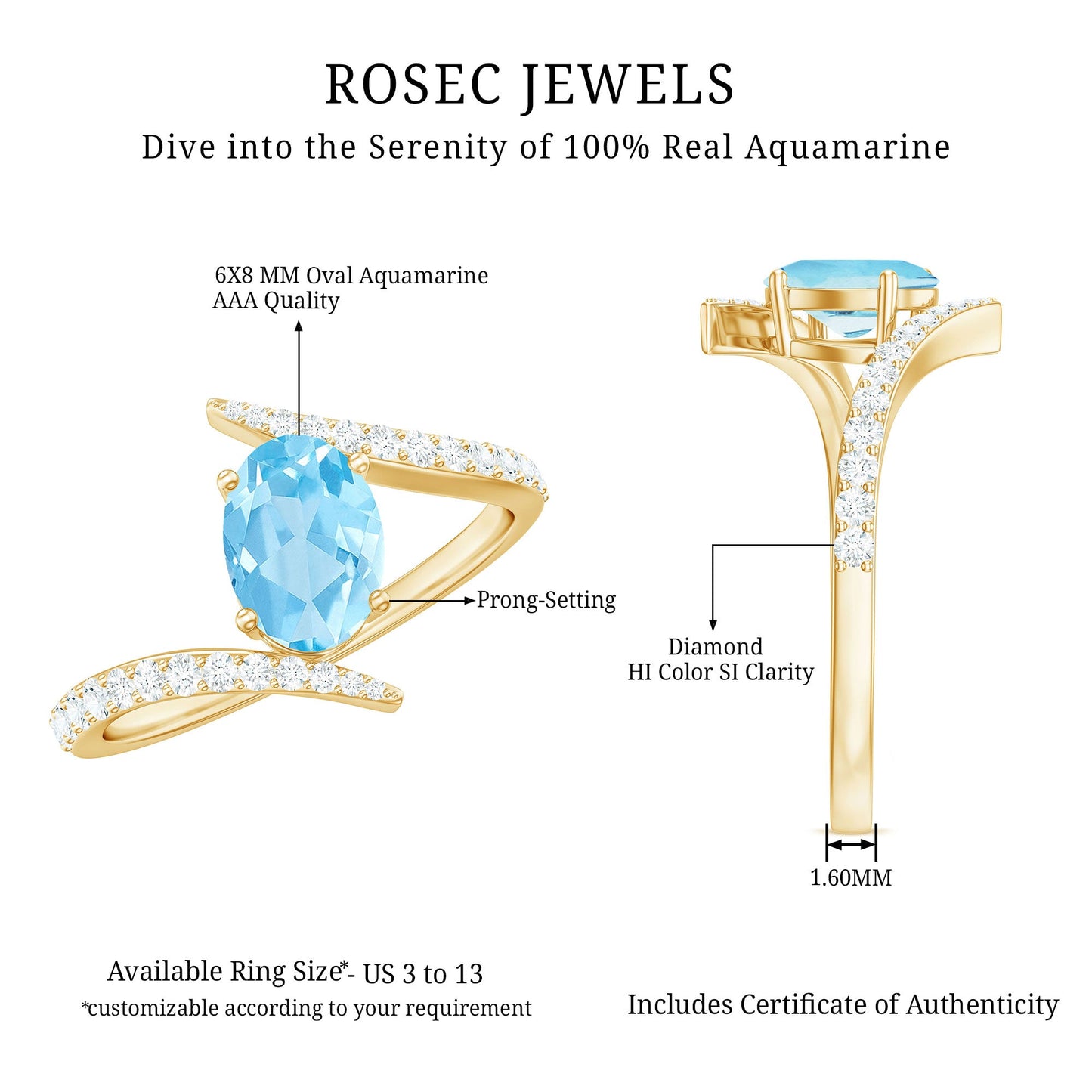 Natural Aquamarine Oval Engagement Ring with Diamond Bypass Shank