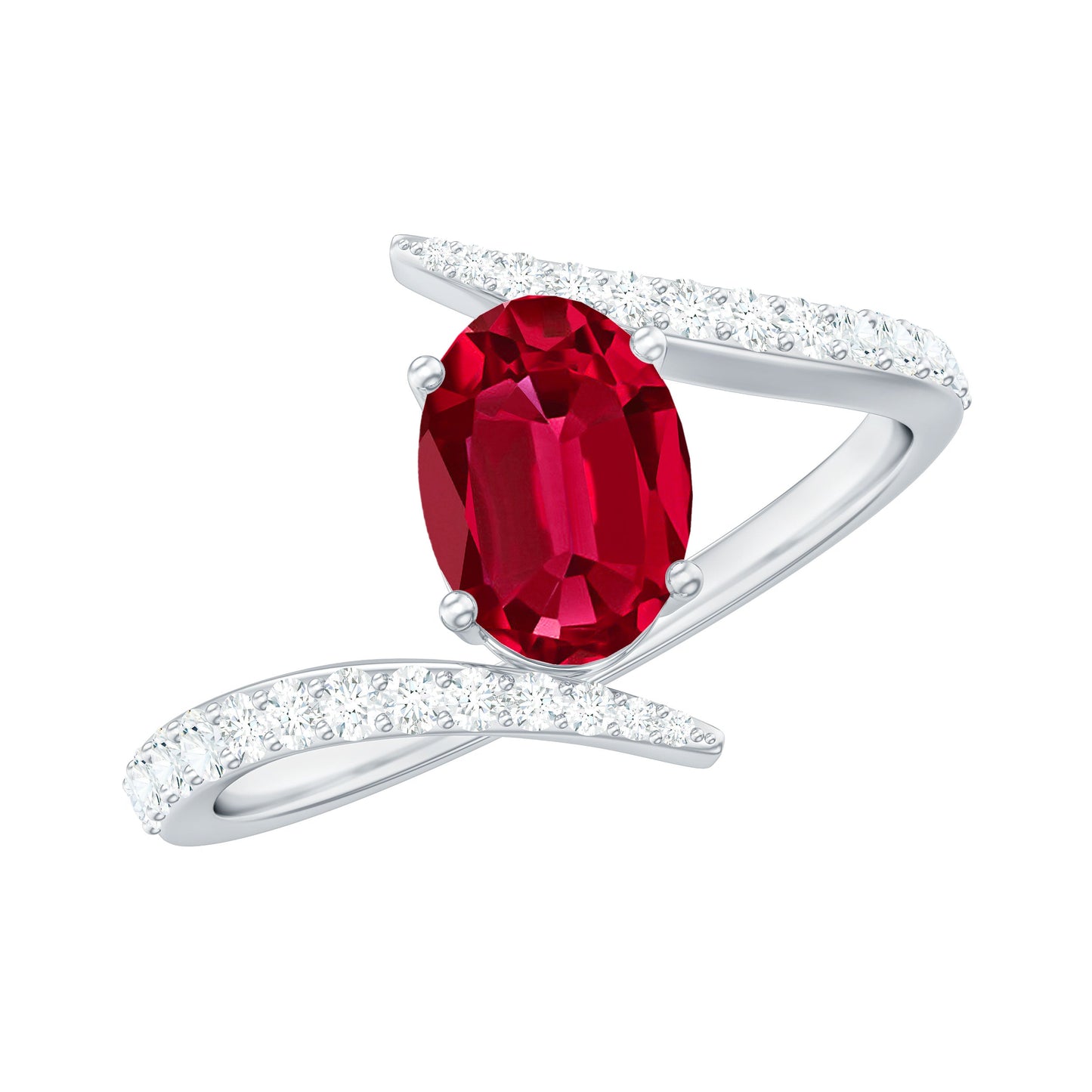 Oval Cut Lab Grown Ruby Bypass Engagement Ring with Diamonds