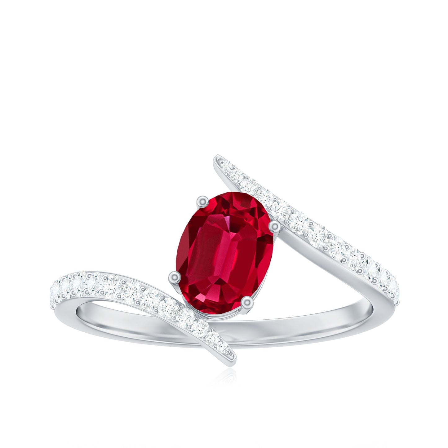 Oval Cut Lab Grown Ruby Bypass Engagement Ring with Diamonds