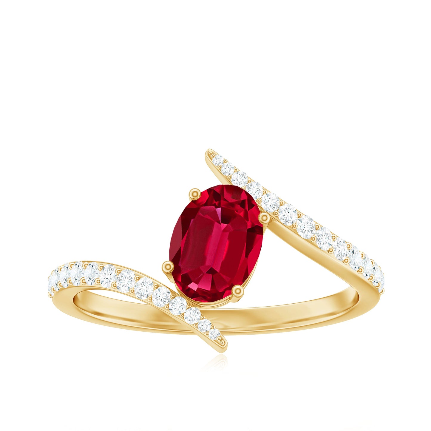 Oval Cut Lab Grown Ruby Bypass Engagement Ring with Diamonds