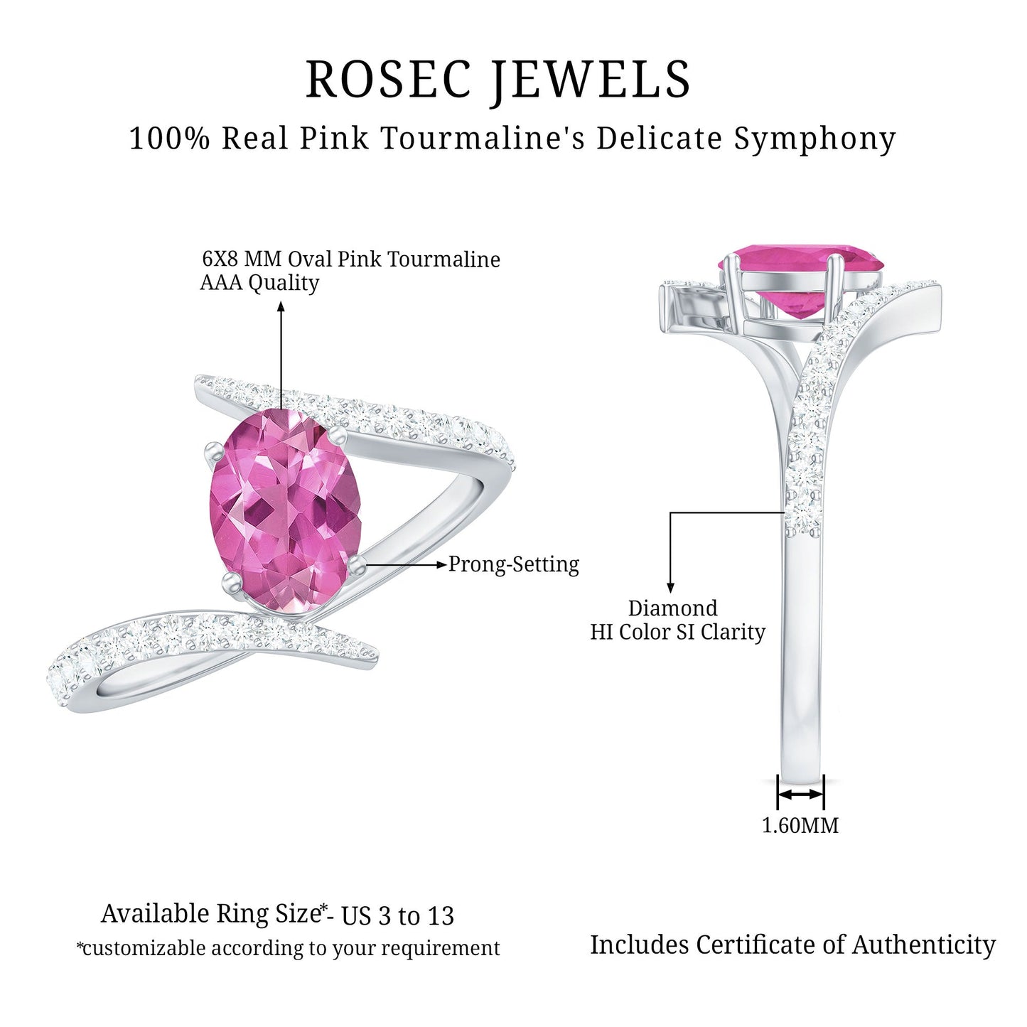 Solitaire Pink tourmaline Bypass Engagement Ring with Diamond