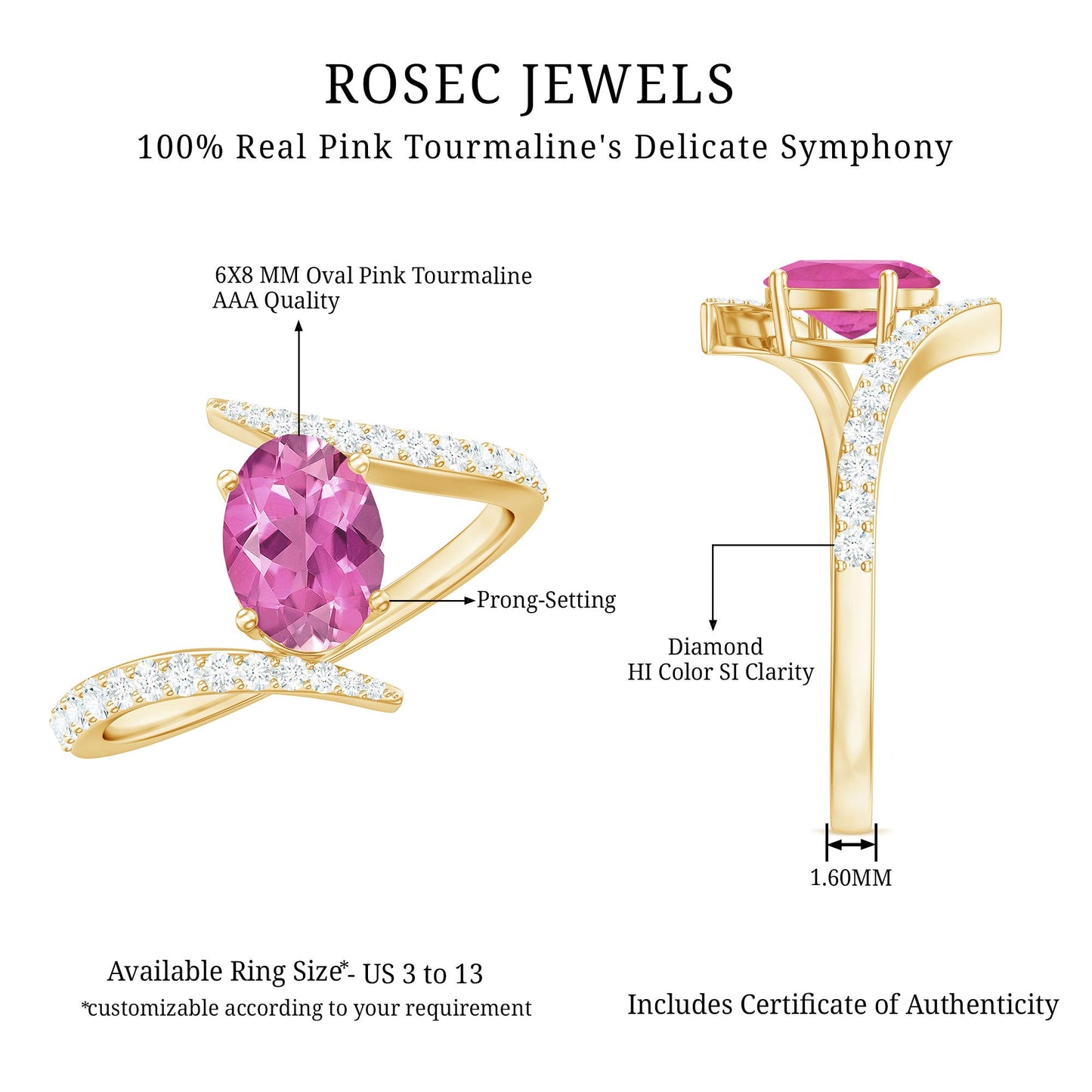 Solitaire Pink tourmaline Bypass Engagement Ring with Diamond