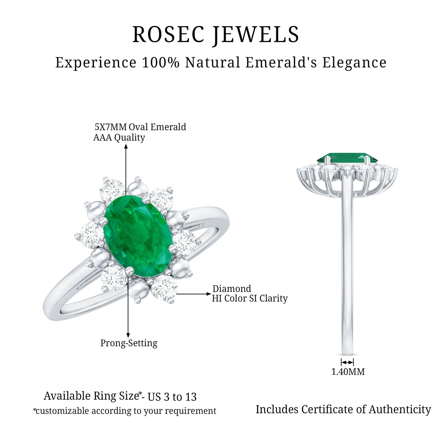 Natural 0.7 Carat Oval Emerald Engagement Ring with Diamond Halo