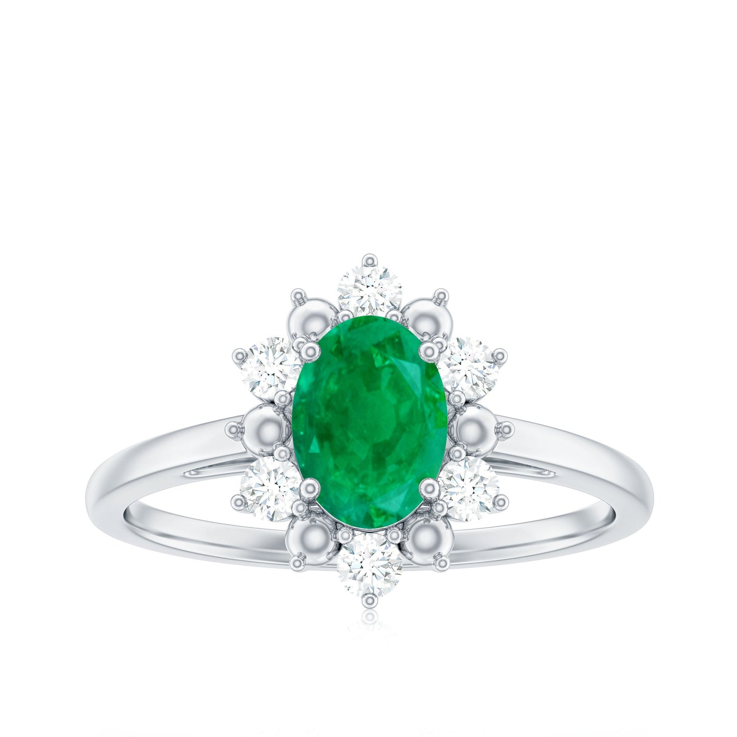 Natural 0.7 Carat Oval Emerald Engagement Ring with Diamond Halo