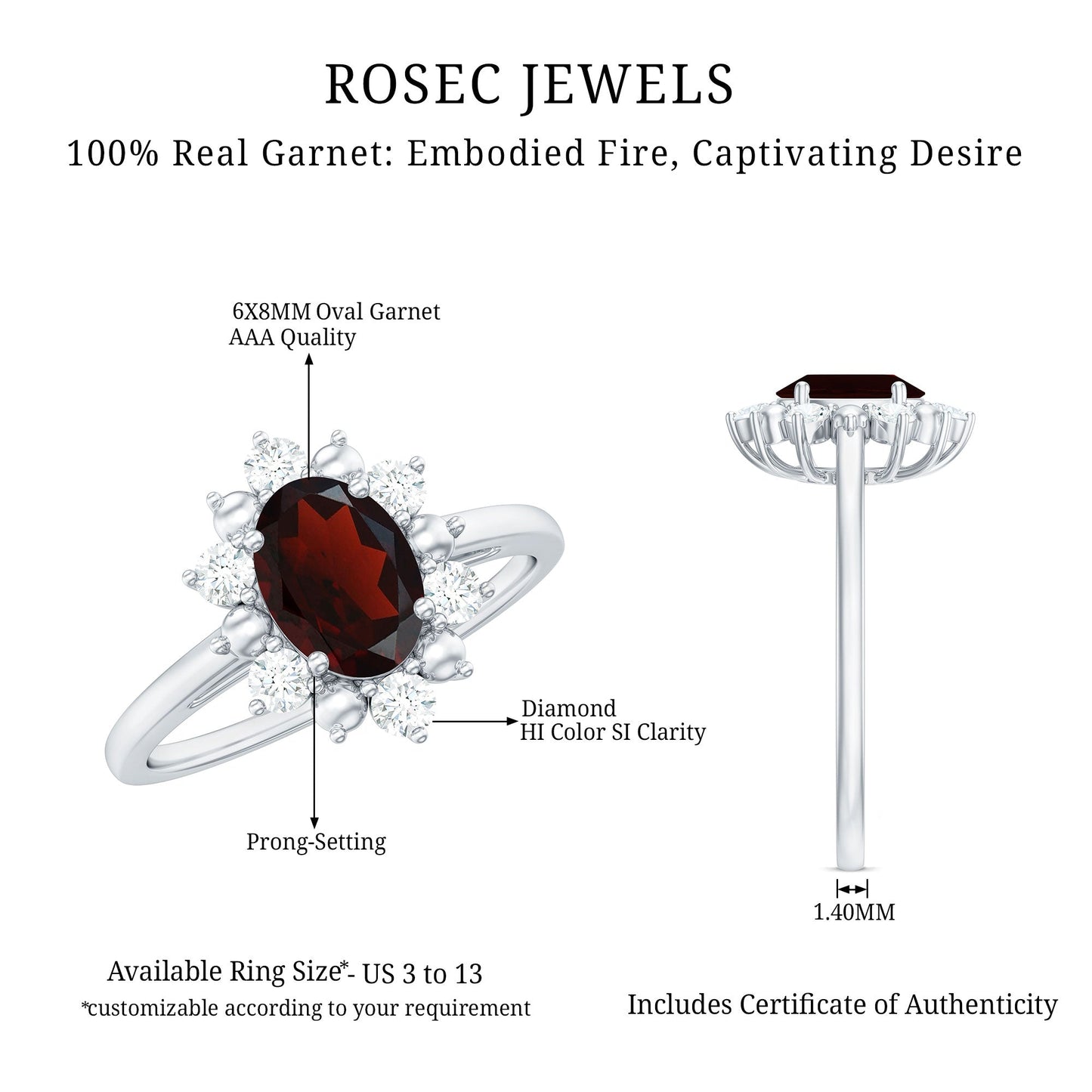 Certified Natural Garnet Oval Engagement Ring with Diamond