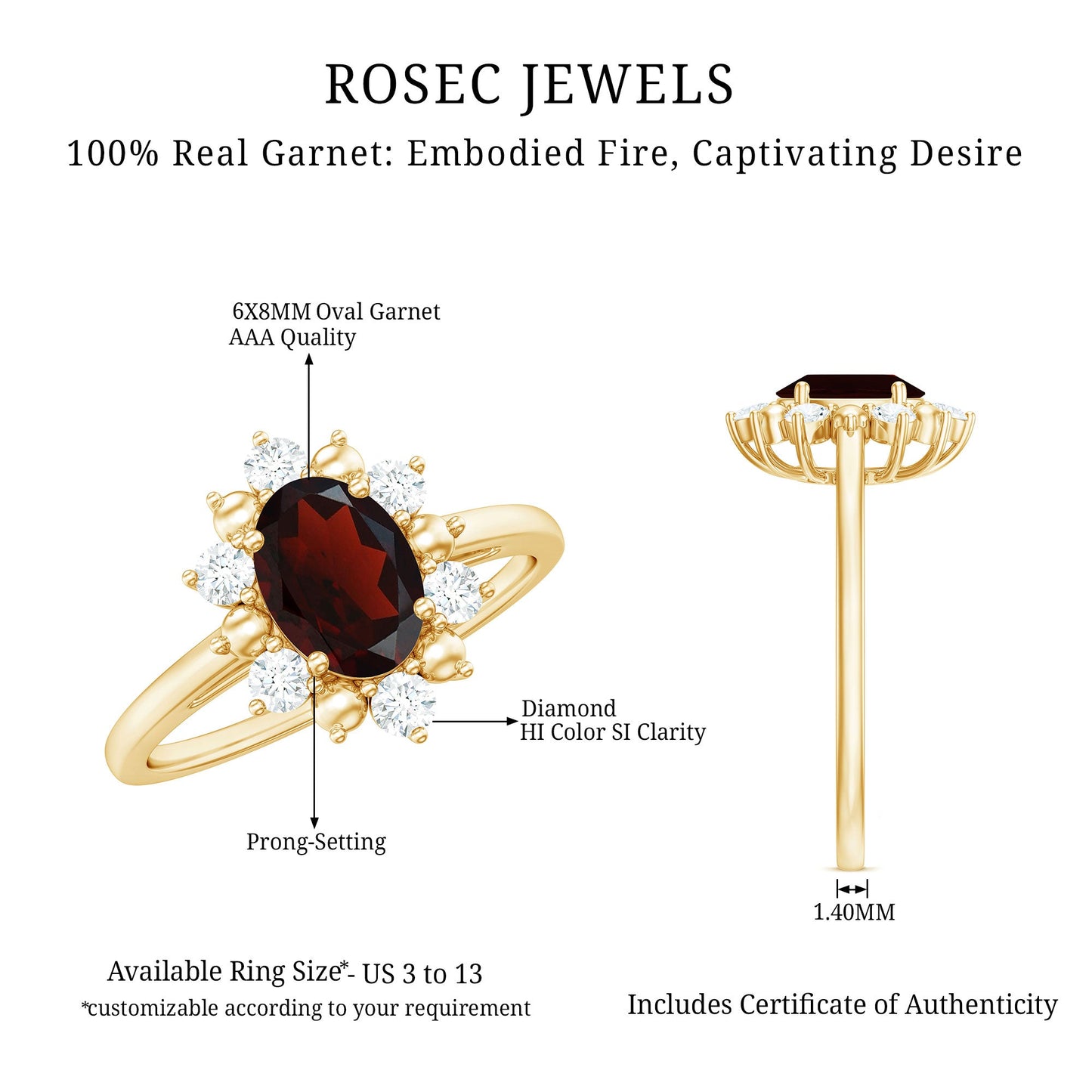 Certified Natural Garnet Oval Engagement Ring with Diamond