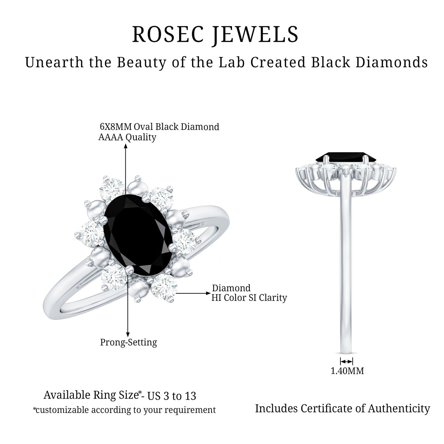 Oval Created Black Diamond Floral Halo Engagement Ring with Diamond