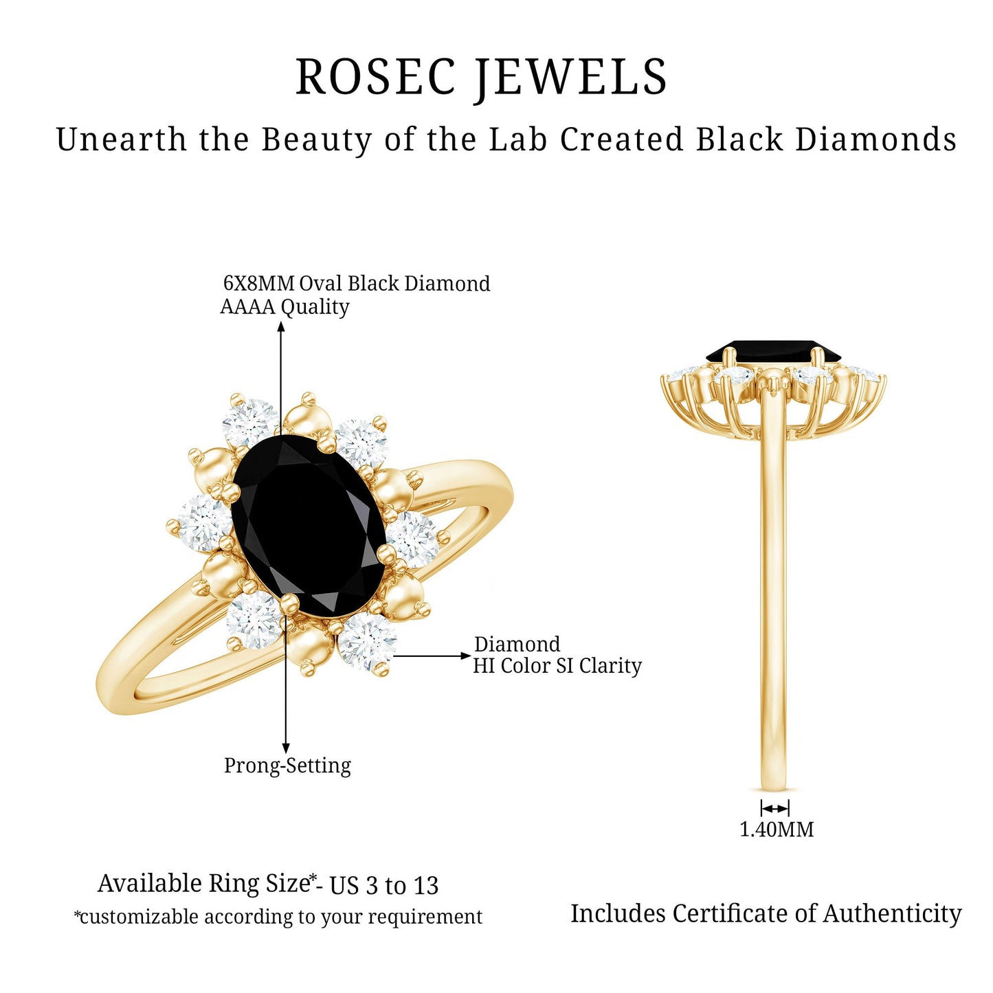 Oval Created Black Diamond Floral Halo Engagement Ring with Diamond