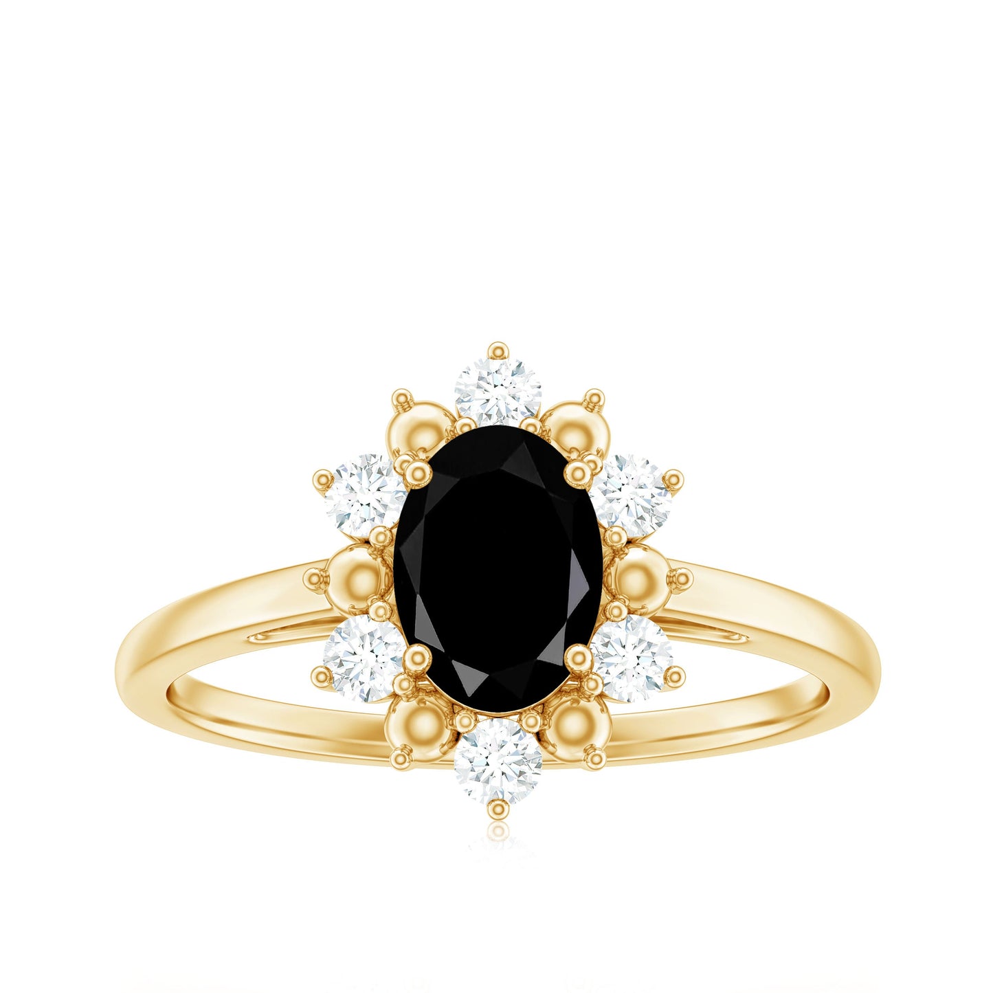 Oval Created Black Diamond Floral Halo Engagement Ring with Diamond