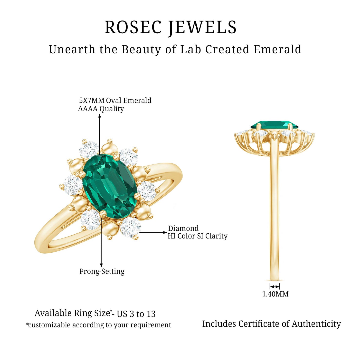 Certified 0.8 Carat Oval Lab Grown Emerald Diamond Flower Engagement Ring