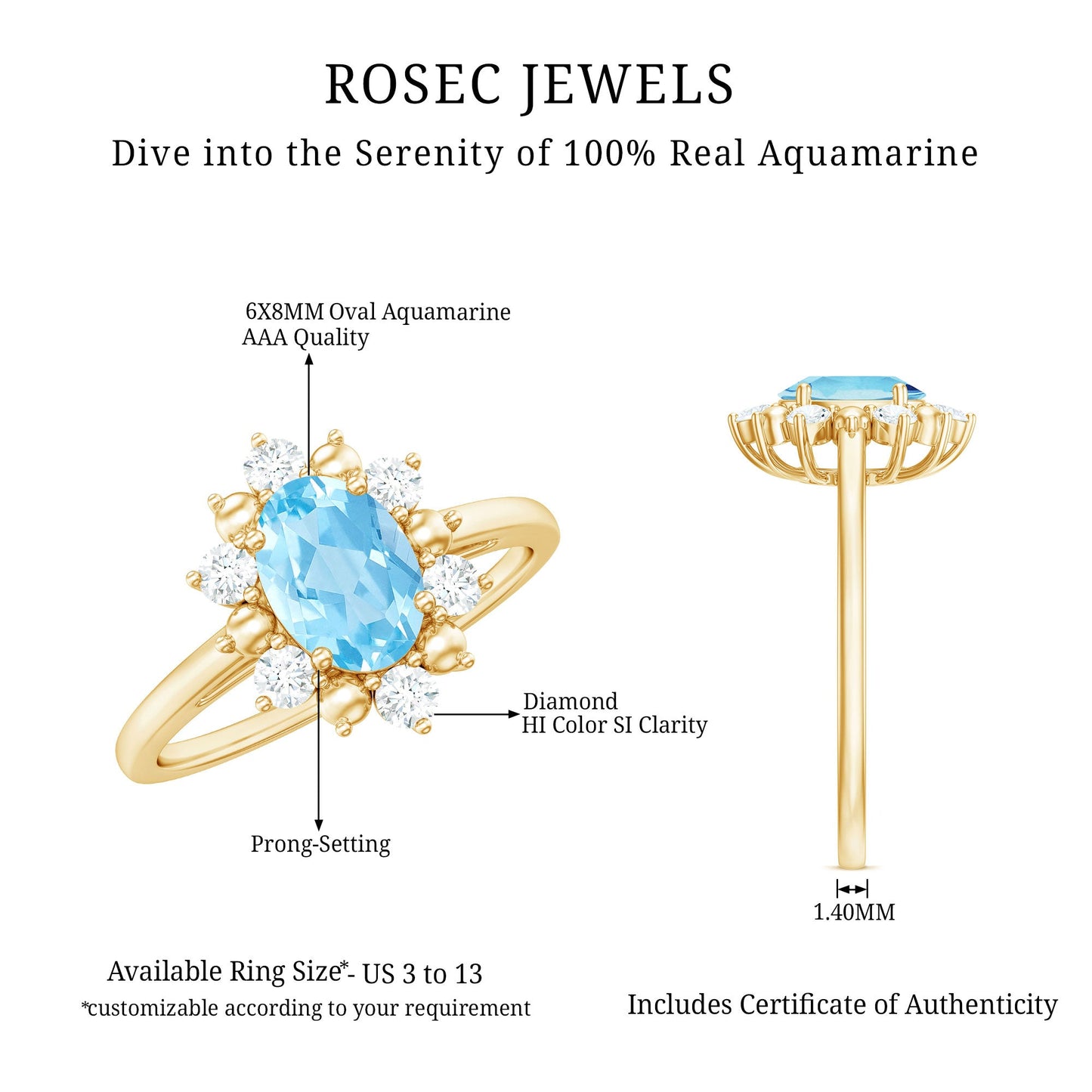 Real Aquamarine Oblong Engagement Ring with Diamond Halo