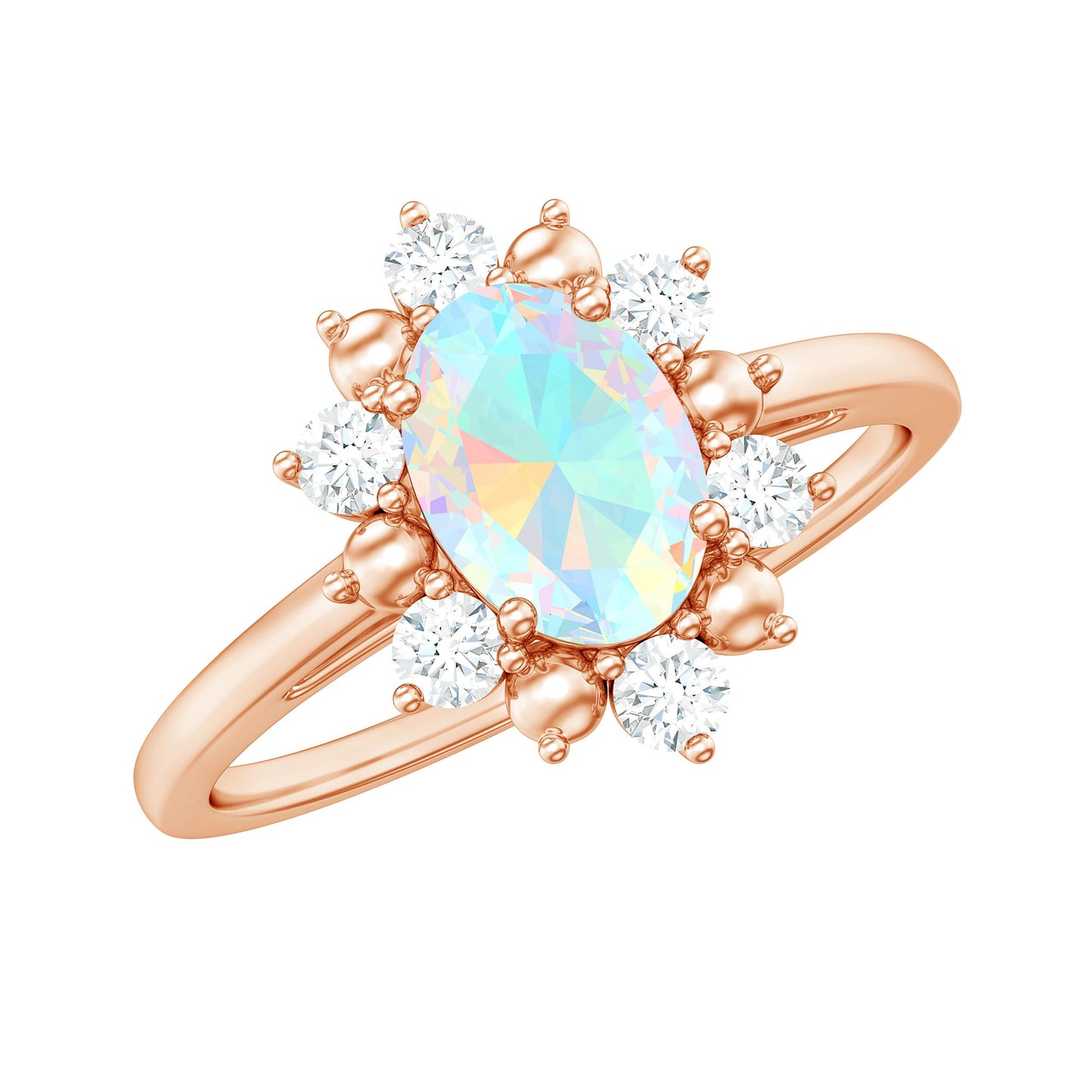 Natural 0.9 Carat Opalescent Oval Engagement Ring with Diamond Halo