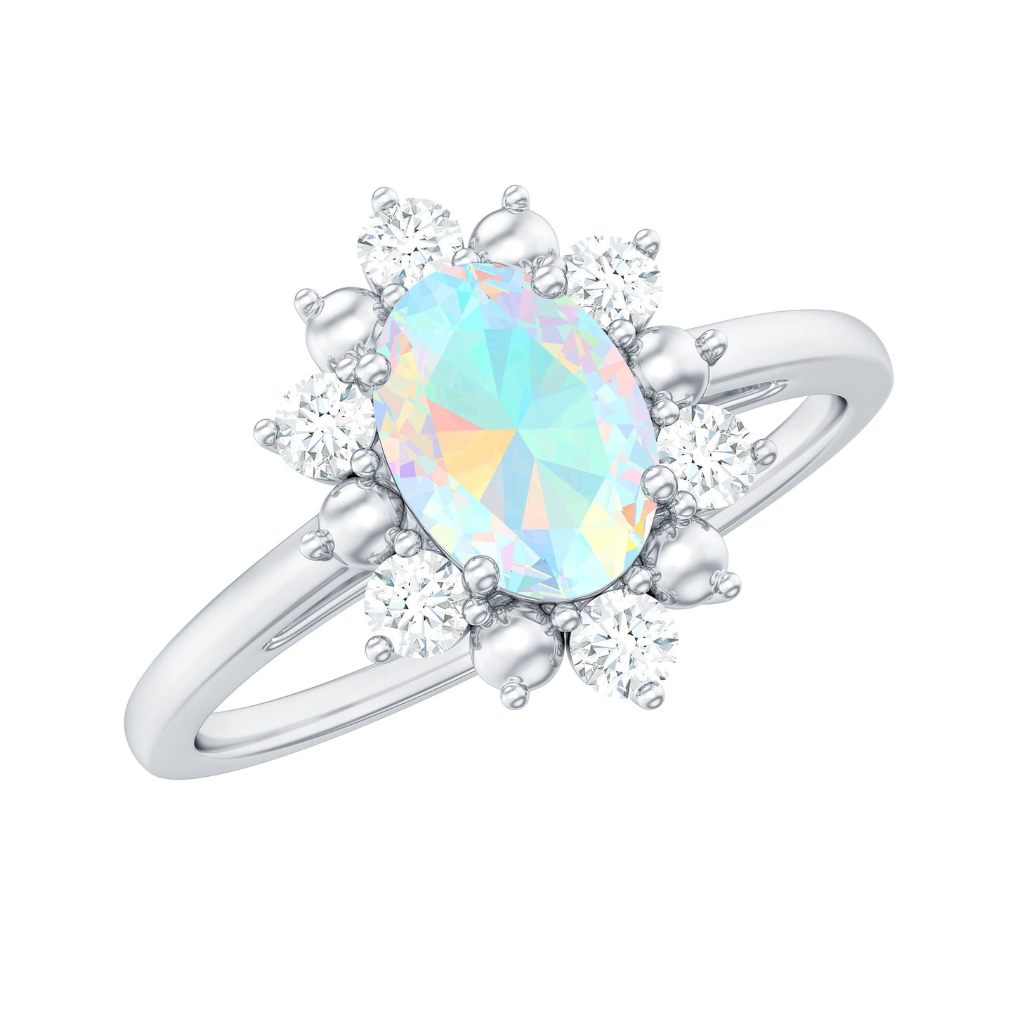 Natural 0.9 Carat Opalescent Oval Engagement Ring with Diamond Halo