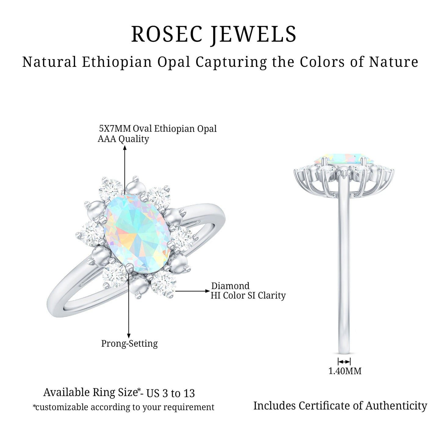 Natural 0.9 Carat Opalescent Oval Engagement Ring with Diamond Halo