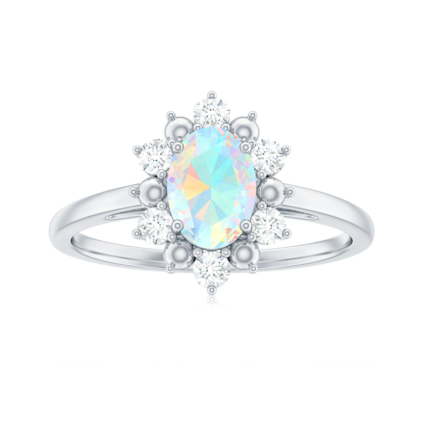 Natural 0.9 Carat Opalescent Oval Engagement Ring with Diamond Halo