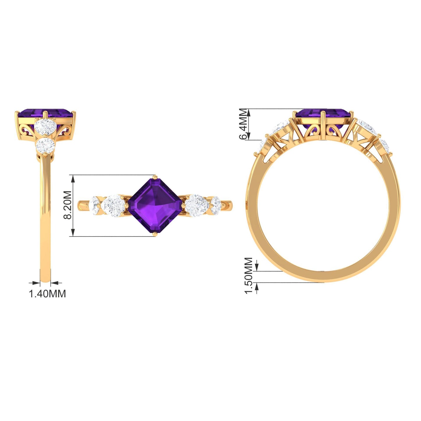 Natural 3 Carat Amethyst Asscher Cut Engagement Ring with Moissanite
