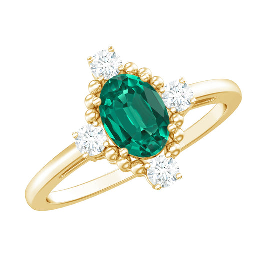 Vintage Inspired Lab Grown Emerald Oval Engagement Ring with Diamond