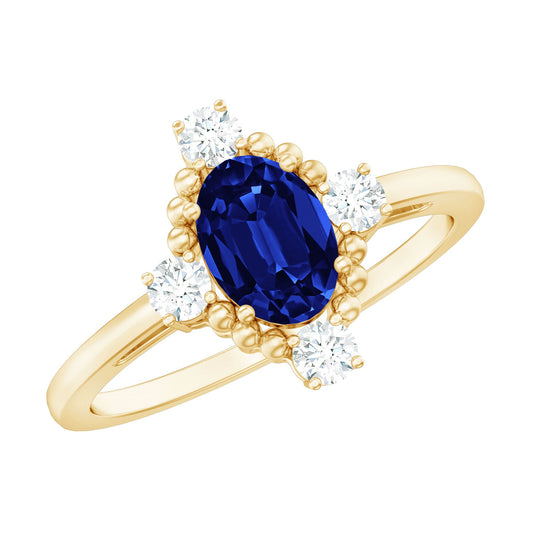 Vintage Style 1 Carat Lab Grown Blue Sapphire Oval Engagement Ring with Diamond