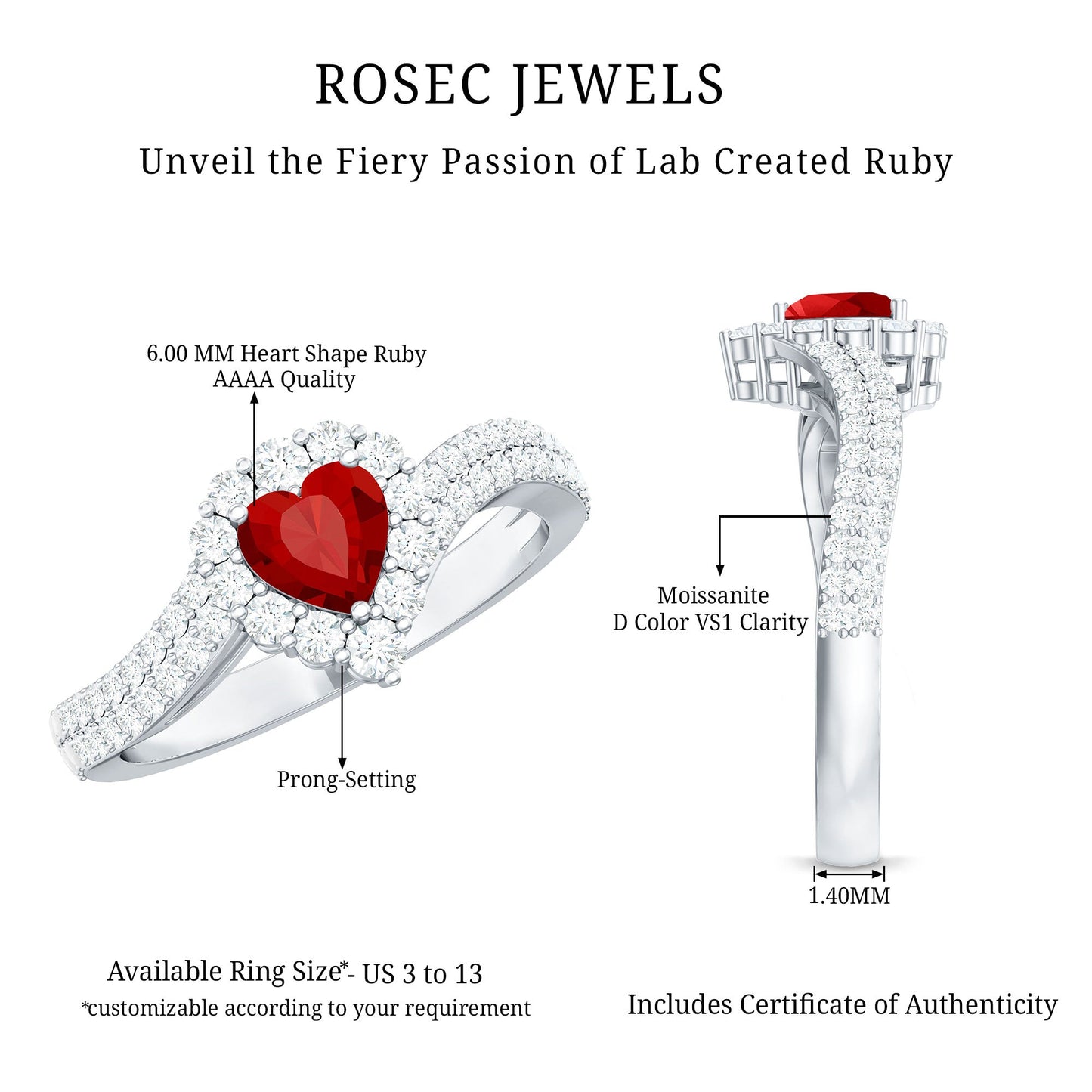 Heart Shape Lab Made Ruby and Moissanite Bypass Engagement Ring