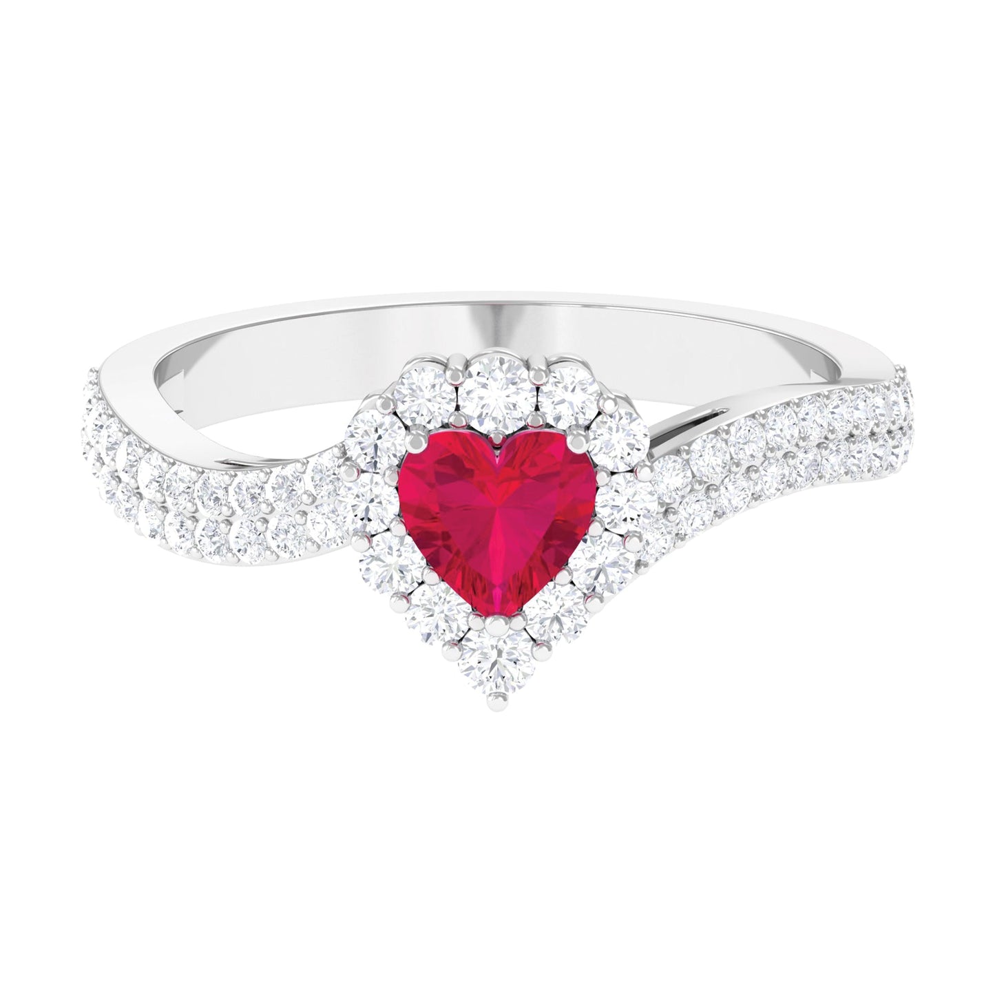 Natural 0.6 Carat Ruby Heart Engagement Ring with Diamond Bypass Shank