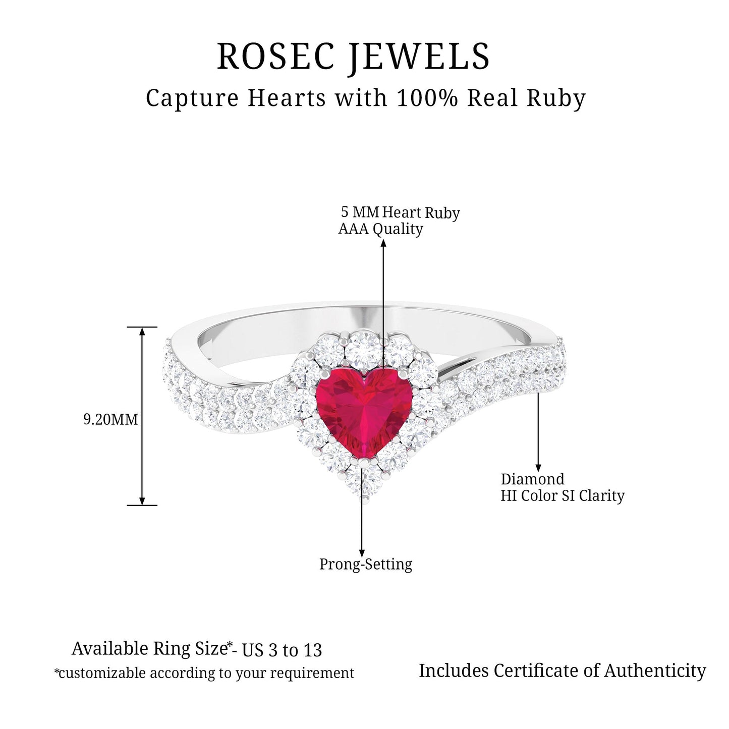 Natural 0.6 Carat Ruby Heart Engagement Ring with Diamond Bypass Shank