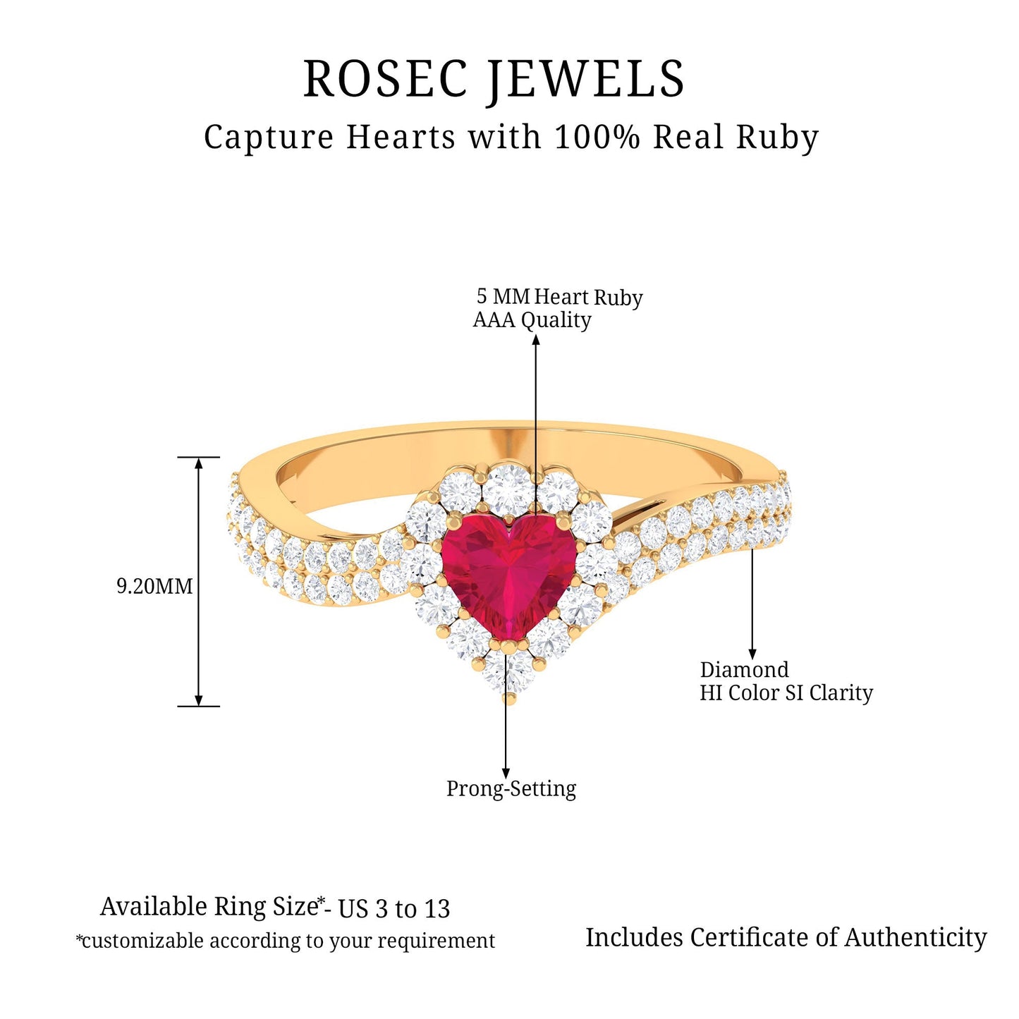 Natural 0.6 Carat Ruby Heart Engagement Ring with Diamond Bypass Shank